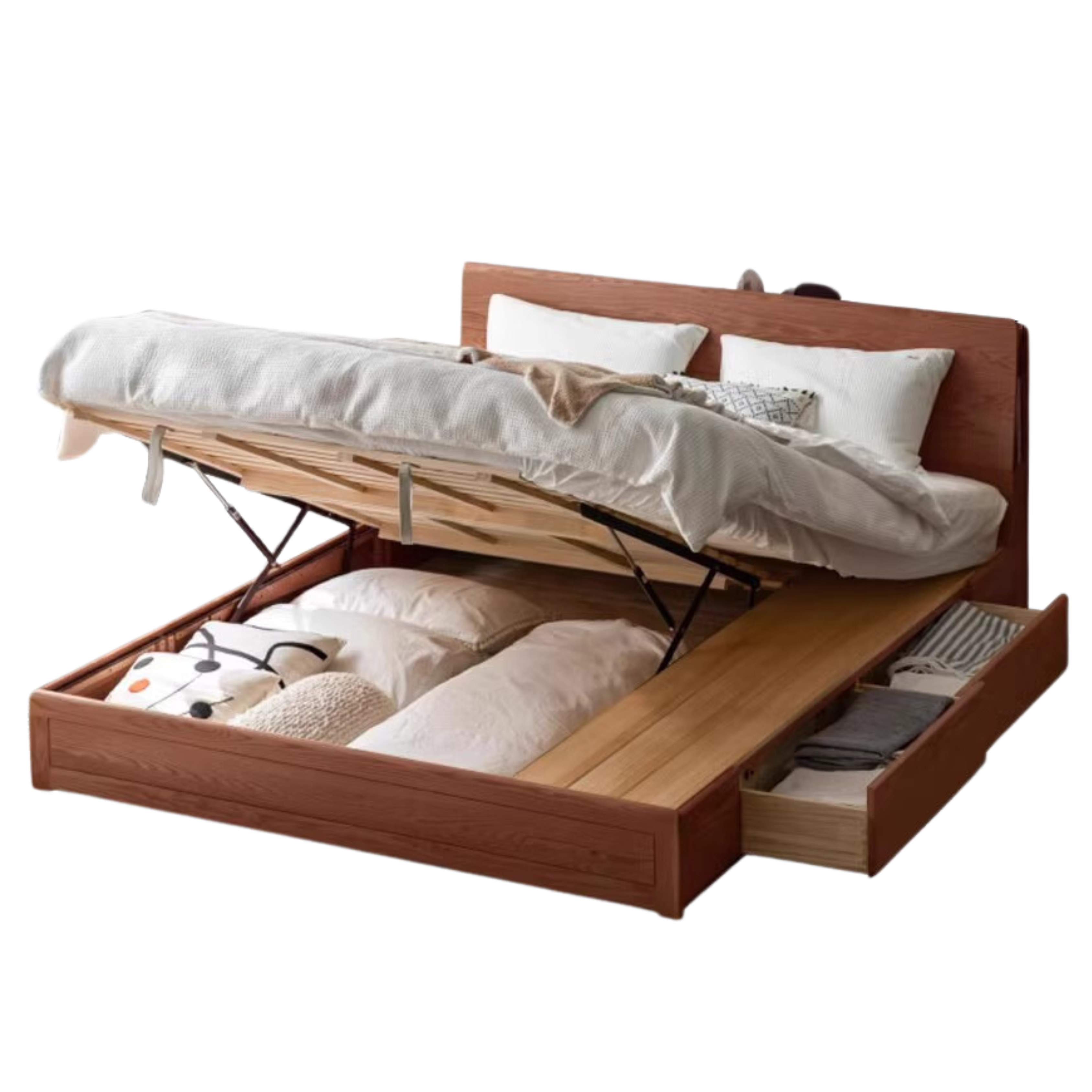 Oak Solid Wood Box Bed with Light And Bookshelf