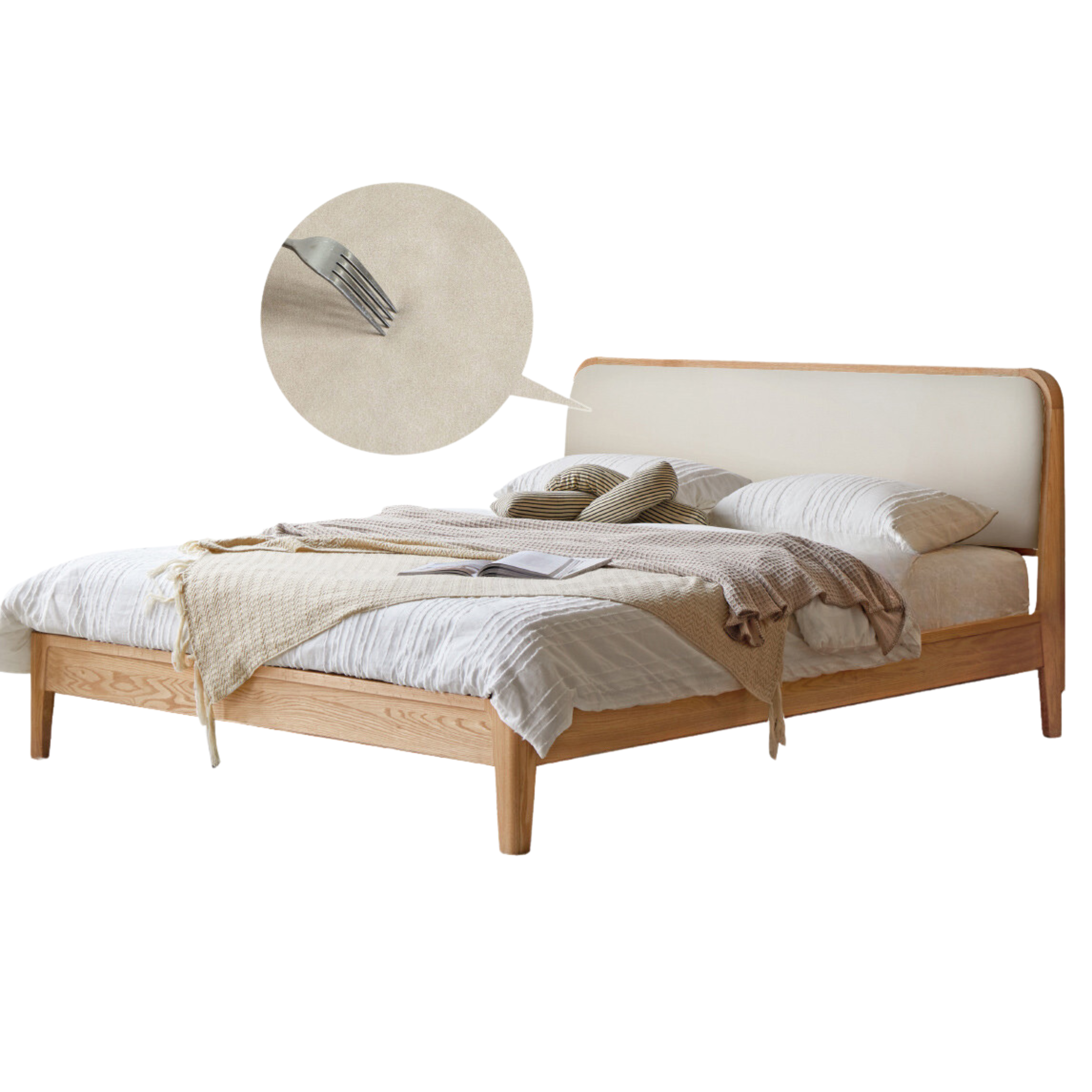 Oak Solid Wood Bed Modern Genuine Leather,Technology Cloth, Fabric