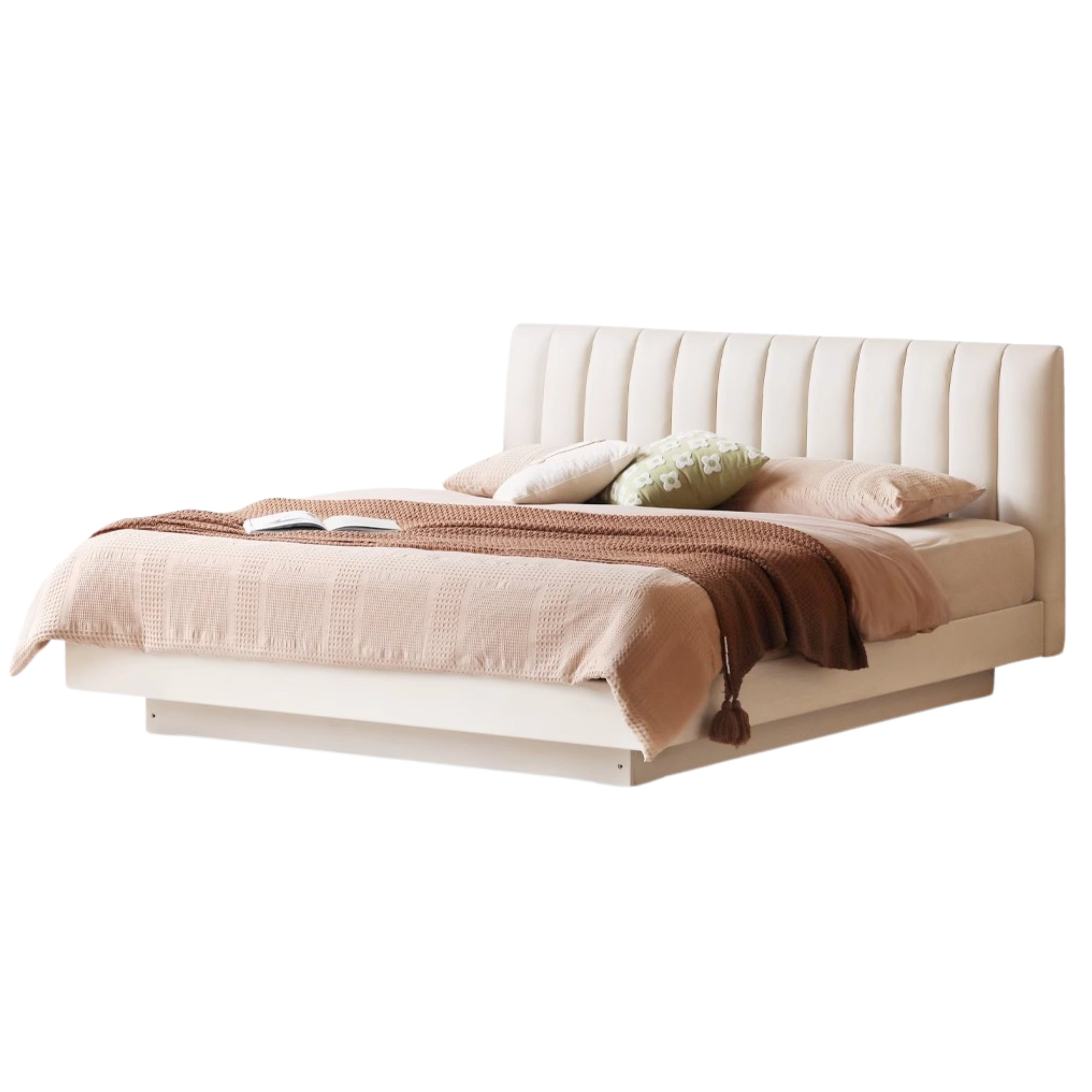 Oak, Rubber Wood Solid Wood Cream Technical Fabric Suspended Box Storage Bed