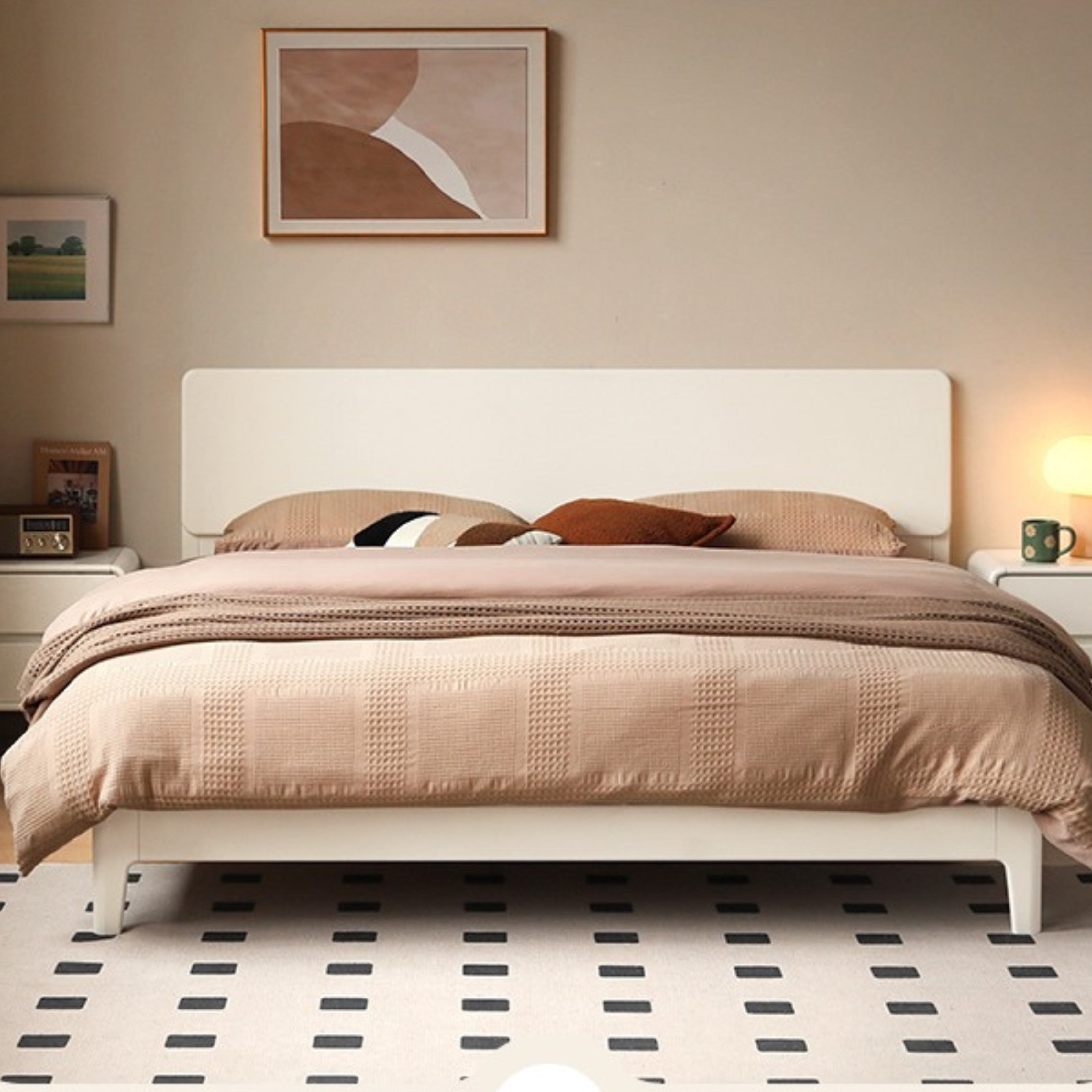 Poplar, Rubberwood Solid Wood Bed Modern Simple Cream Style