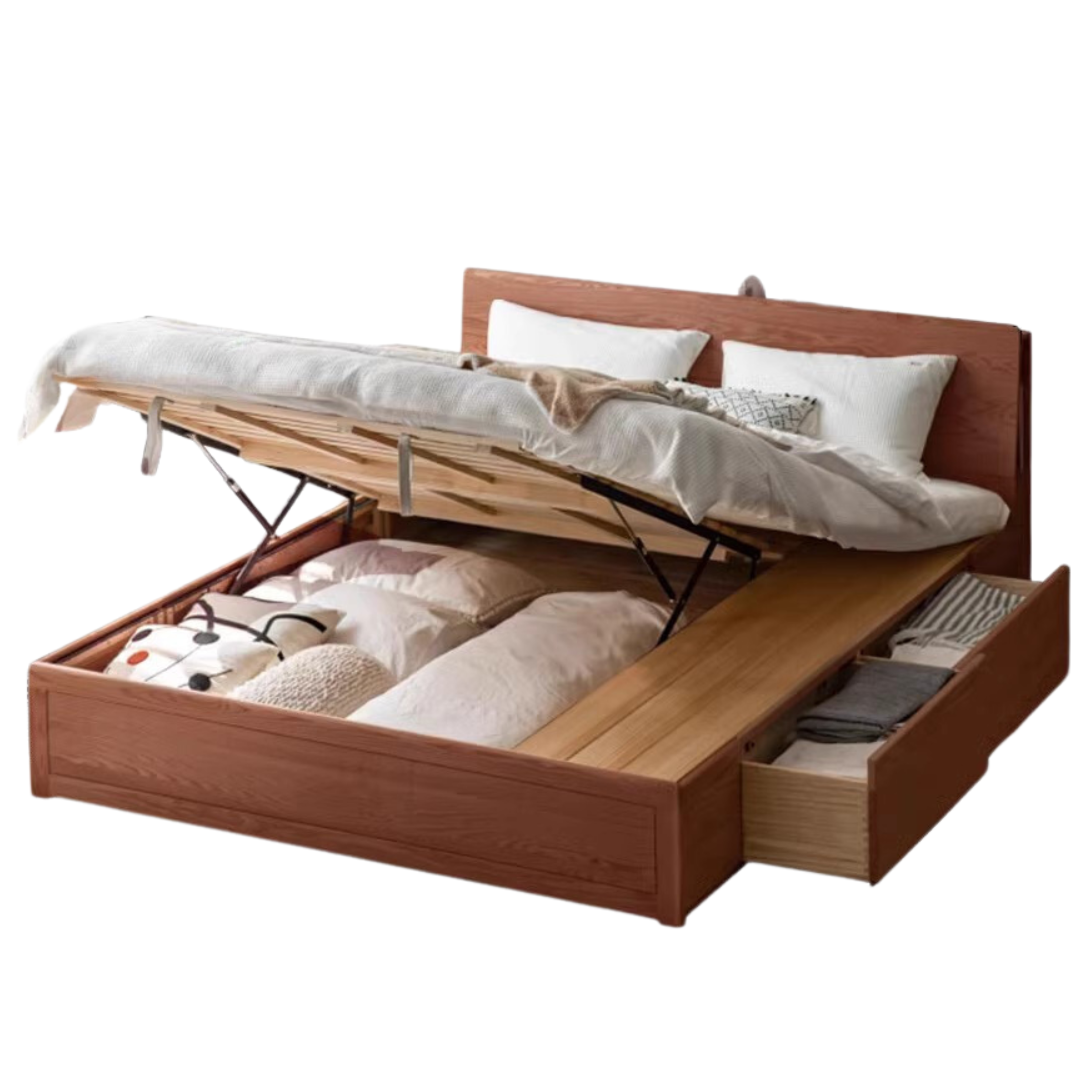 Oak Solid Wood Box Bed with Light And Bookshelf