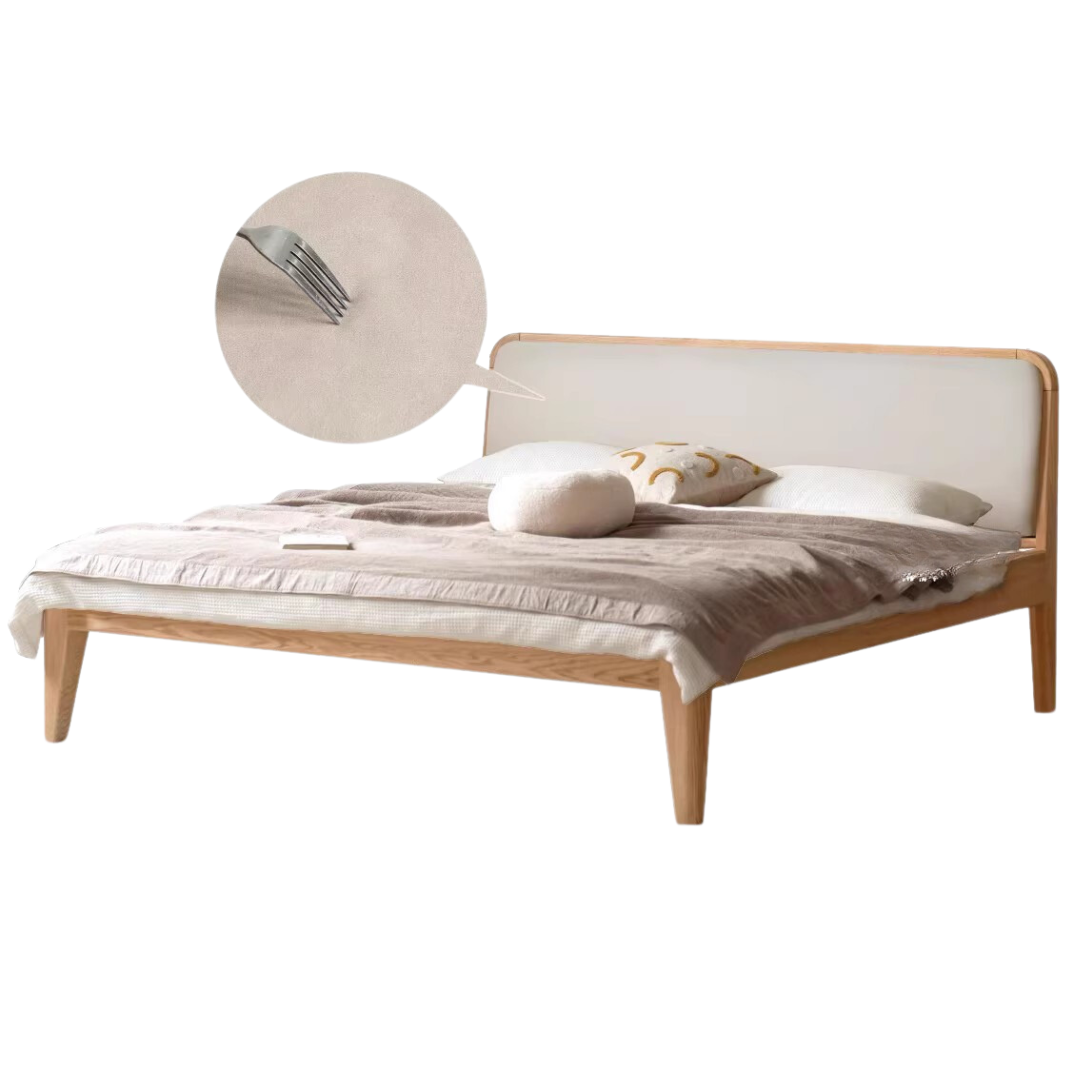 Oak Solid Wood Bed Modern Genuine Leather,Technology Cloth, Fabric