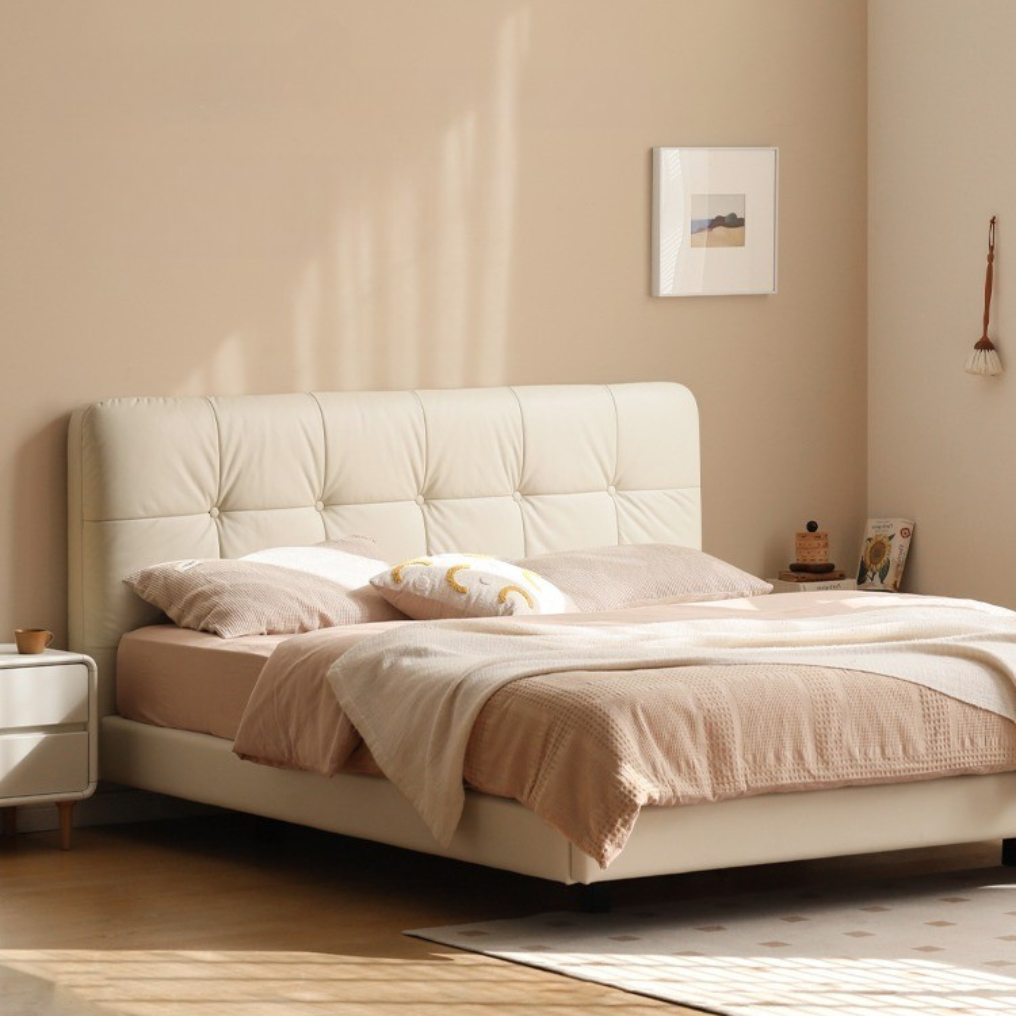 Genuine Leather Floating Bed Cream Style