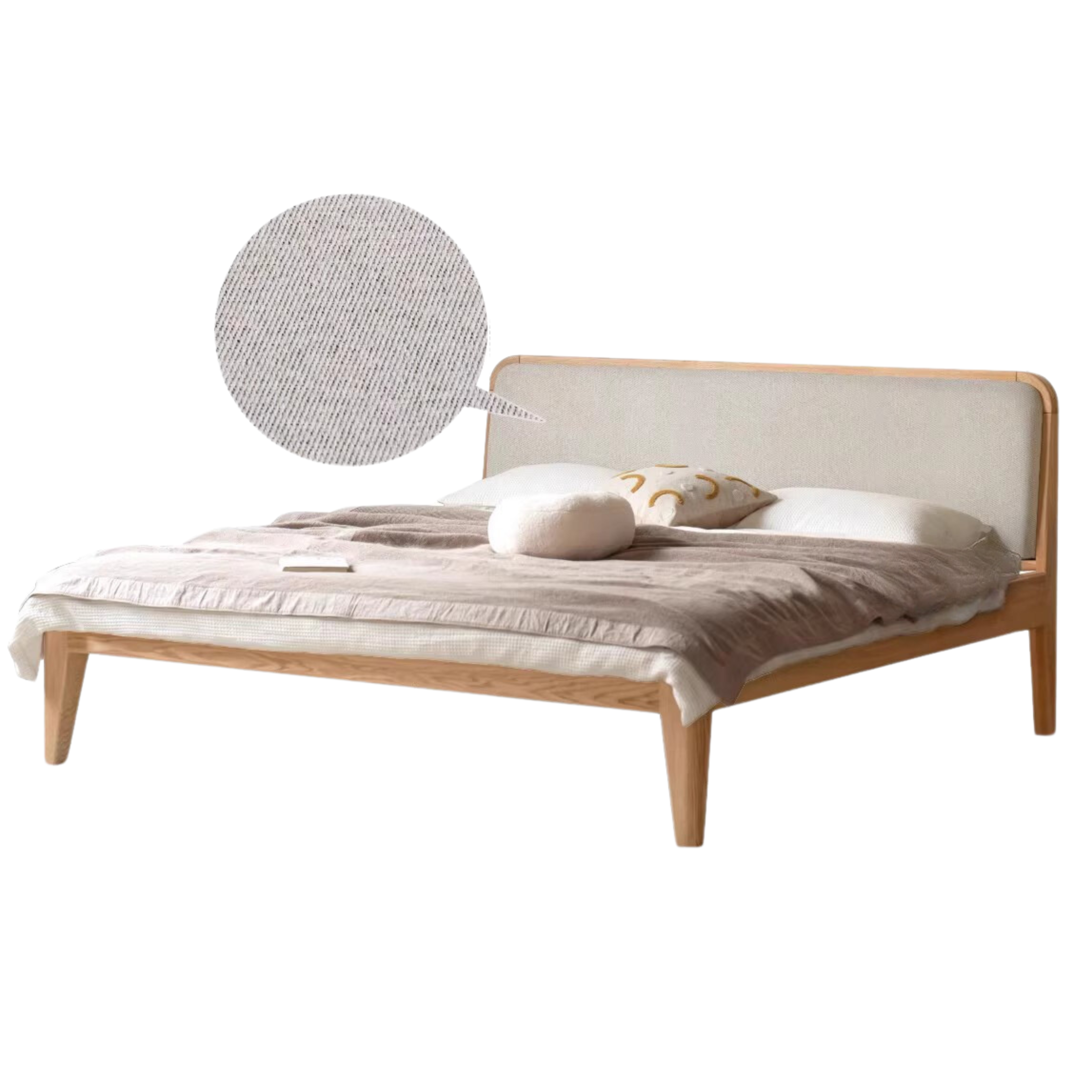 Oak Solid Wood Bed Modern Genuine Leather,Technology Cloth, Fabric
