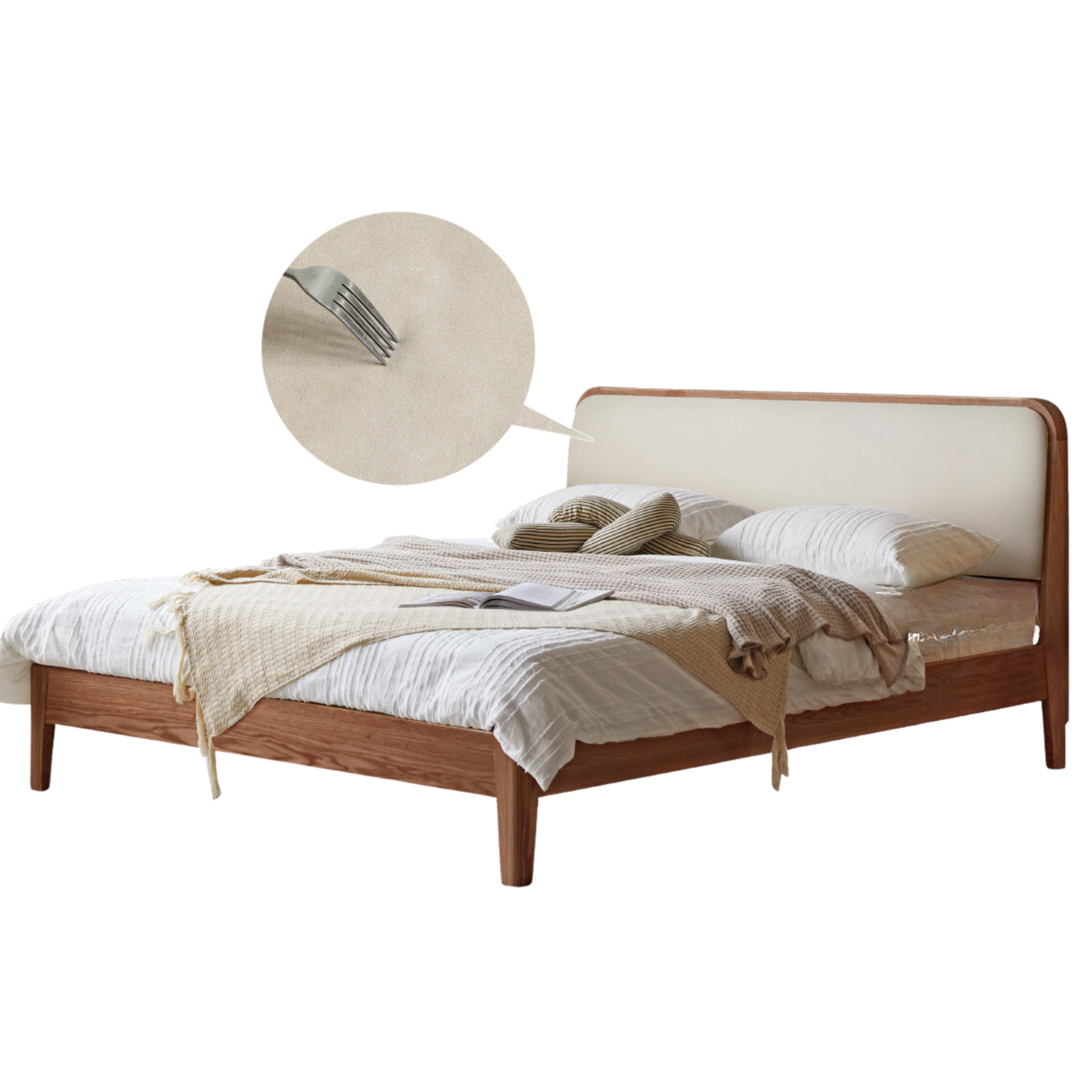 Oak Solid Wood Bed Modern Genuine Leather,Technology Cloth, Fabric