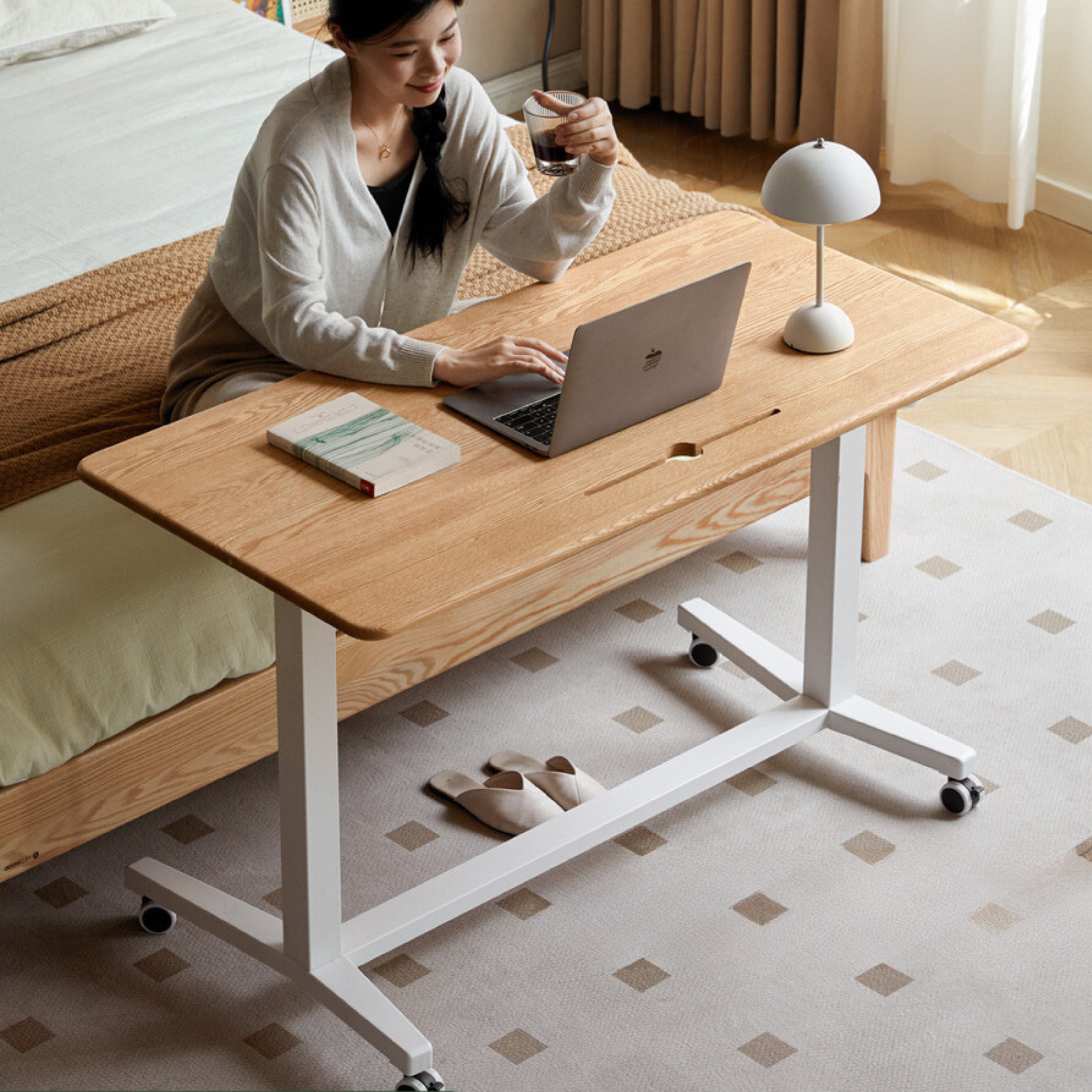 Oak, Rubberwood Solid Wood Standing Mobile Office Desk