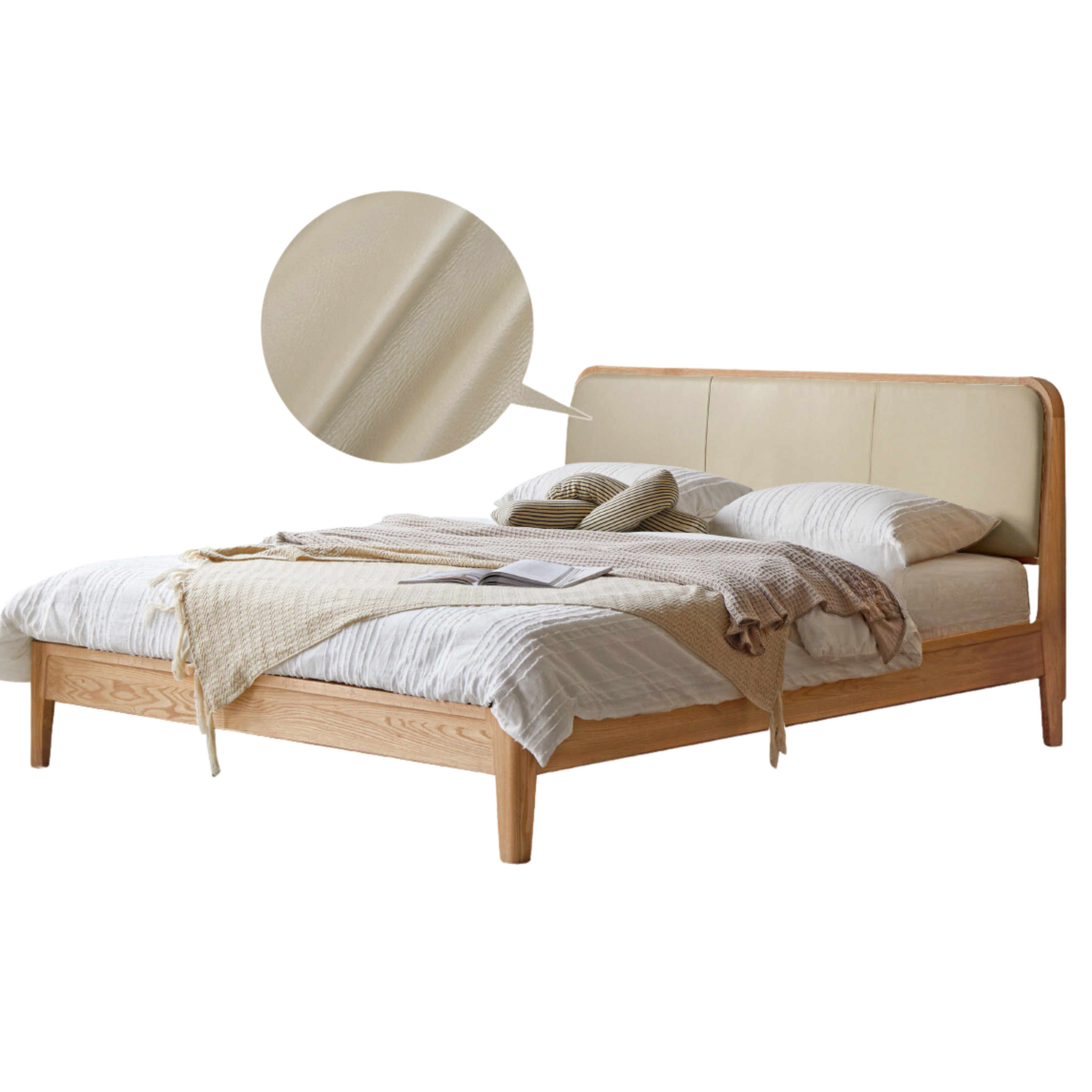 Oak Solid Wood Bed Modern Genuine Leather,Technology Cloth, Fabric