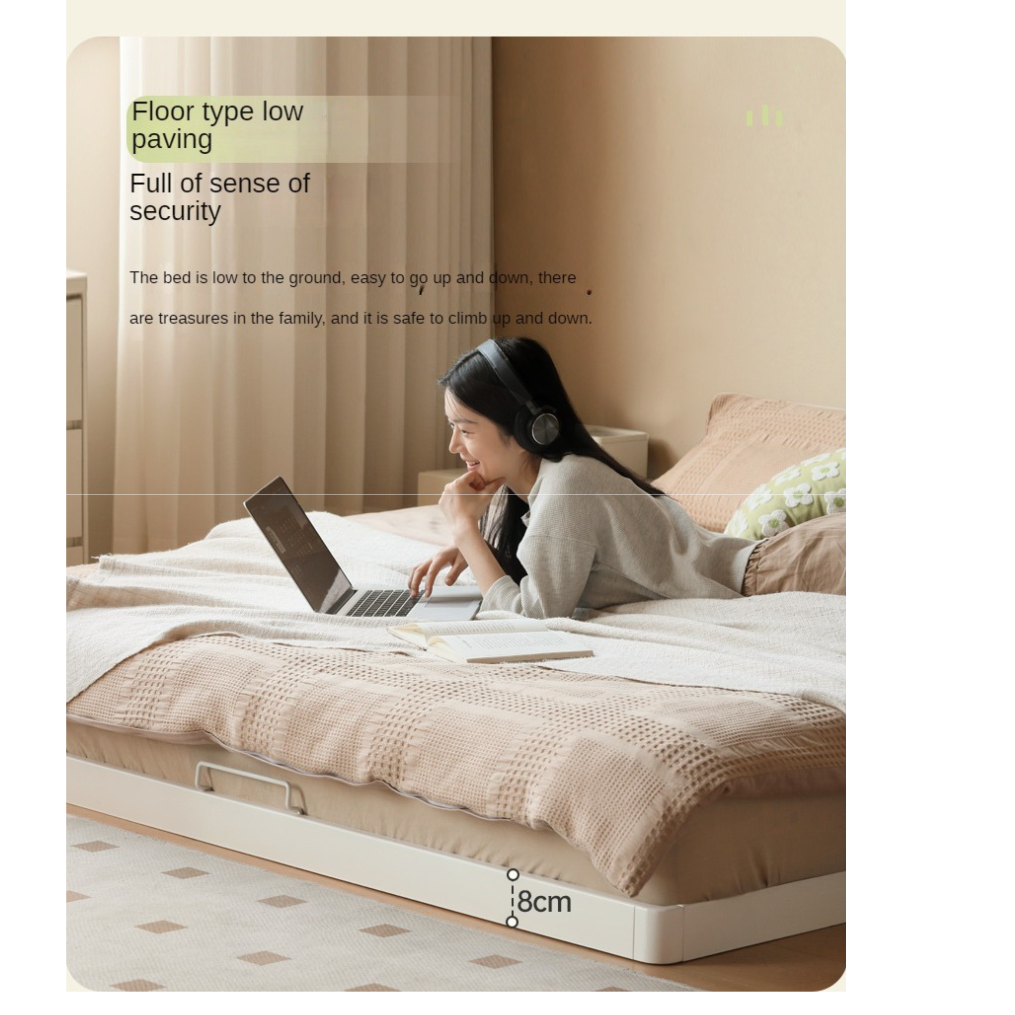 Birch solid wood platform bed, headboard-free bed floor bed cream style