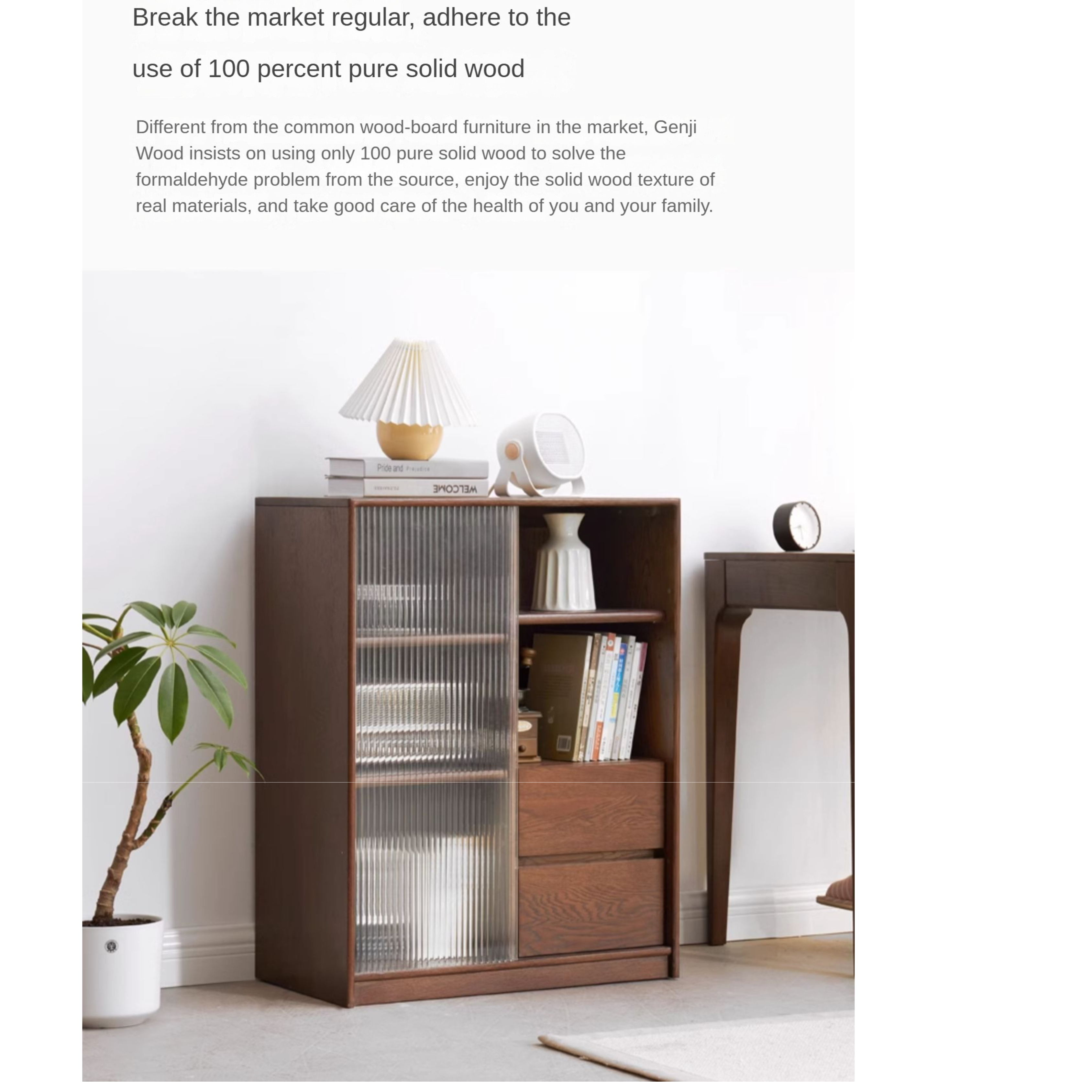 Oak Solid Wood Side Cabinet Glass Door Small Bookcase