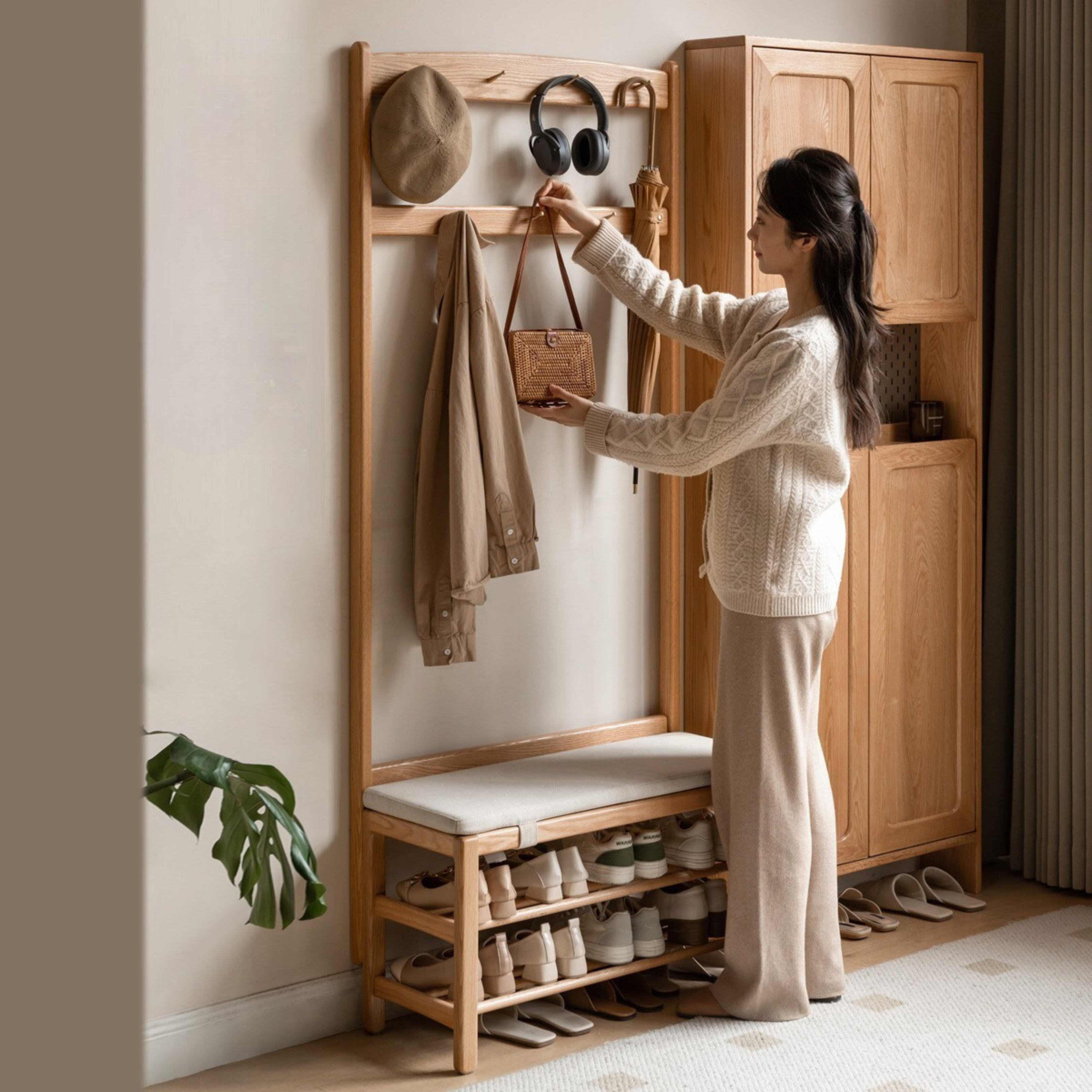 Oak, Beech Solid Wood Shoe Stool Hanger Entrance Partition