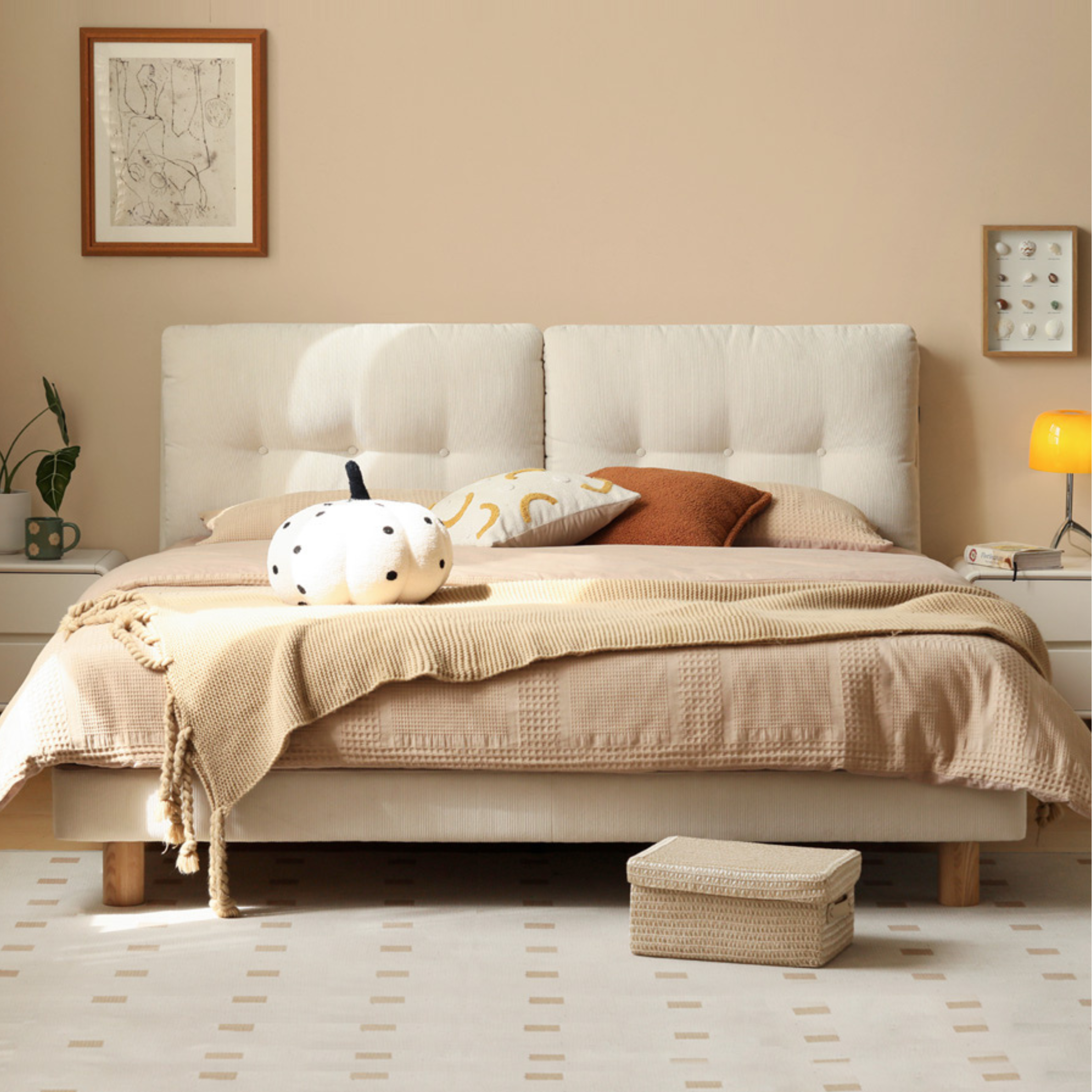 Fabric Bed Cream Style Modern Soft Bed