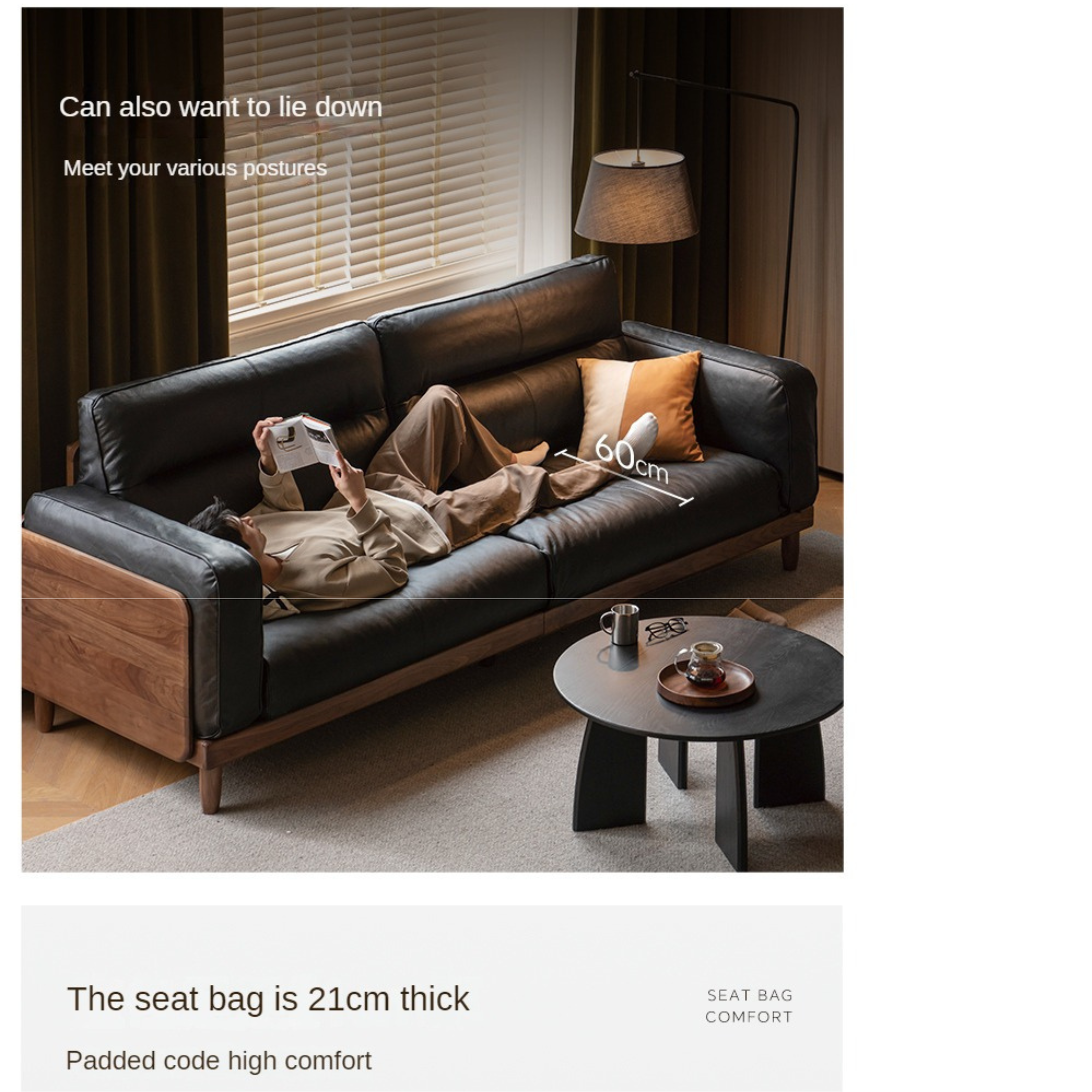 Black Walnut, Ash, Solid Sandalwood Wood Leather Top Layer Yellow Cowhide Sofa.