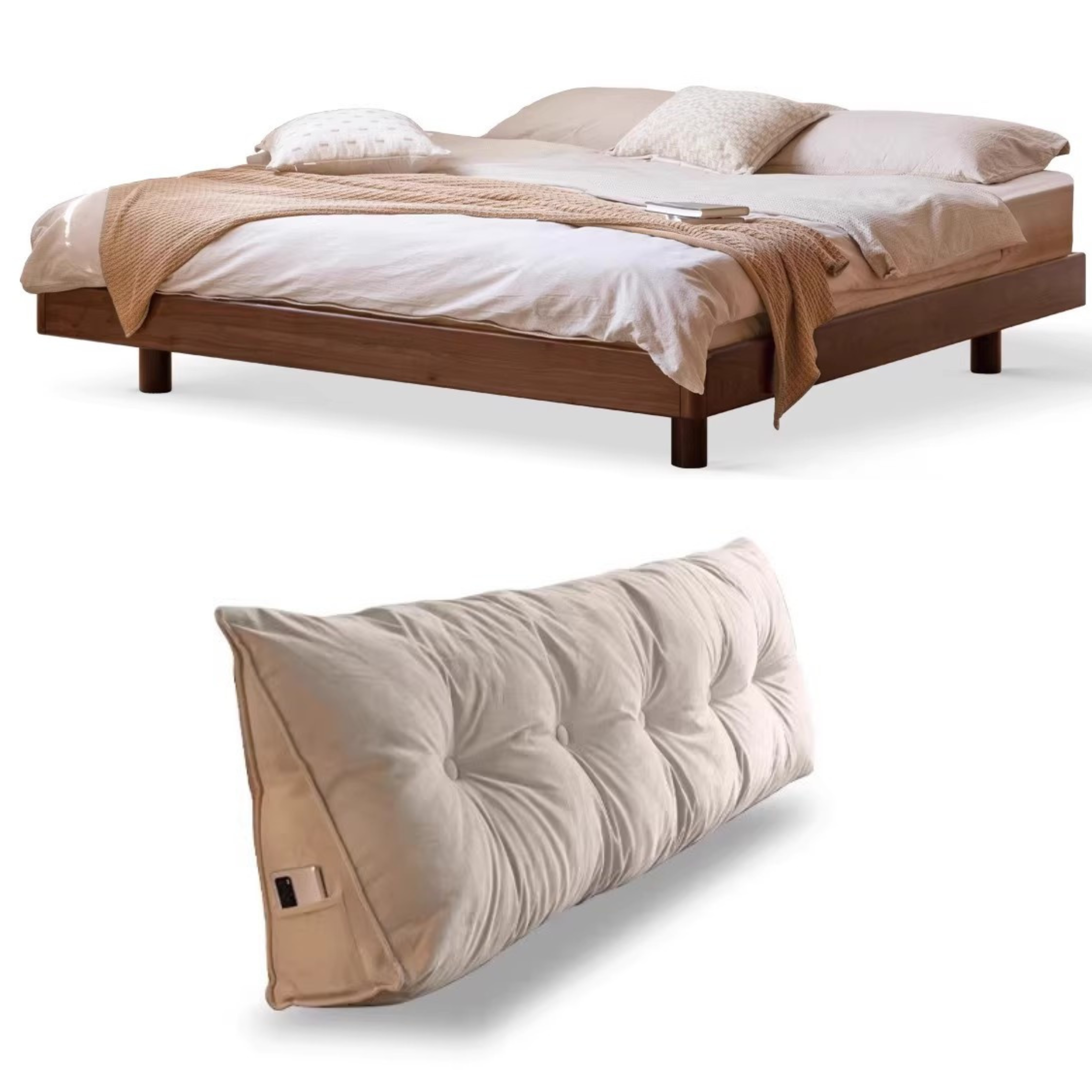 Black walnut solid wood platform bed, headboard-free suspended bed