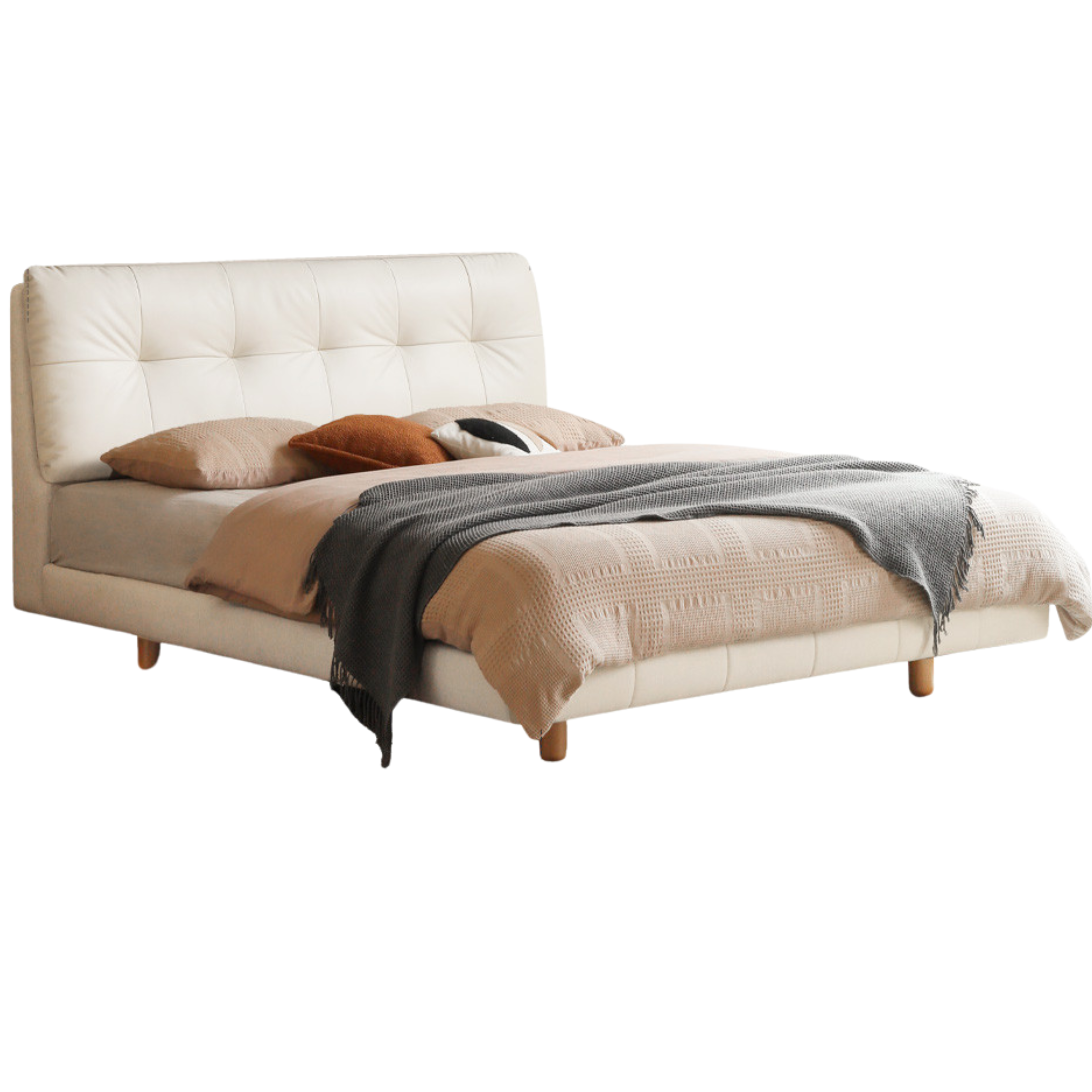 Fabric genuine leather soft bed puff cream style with light bed
