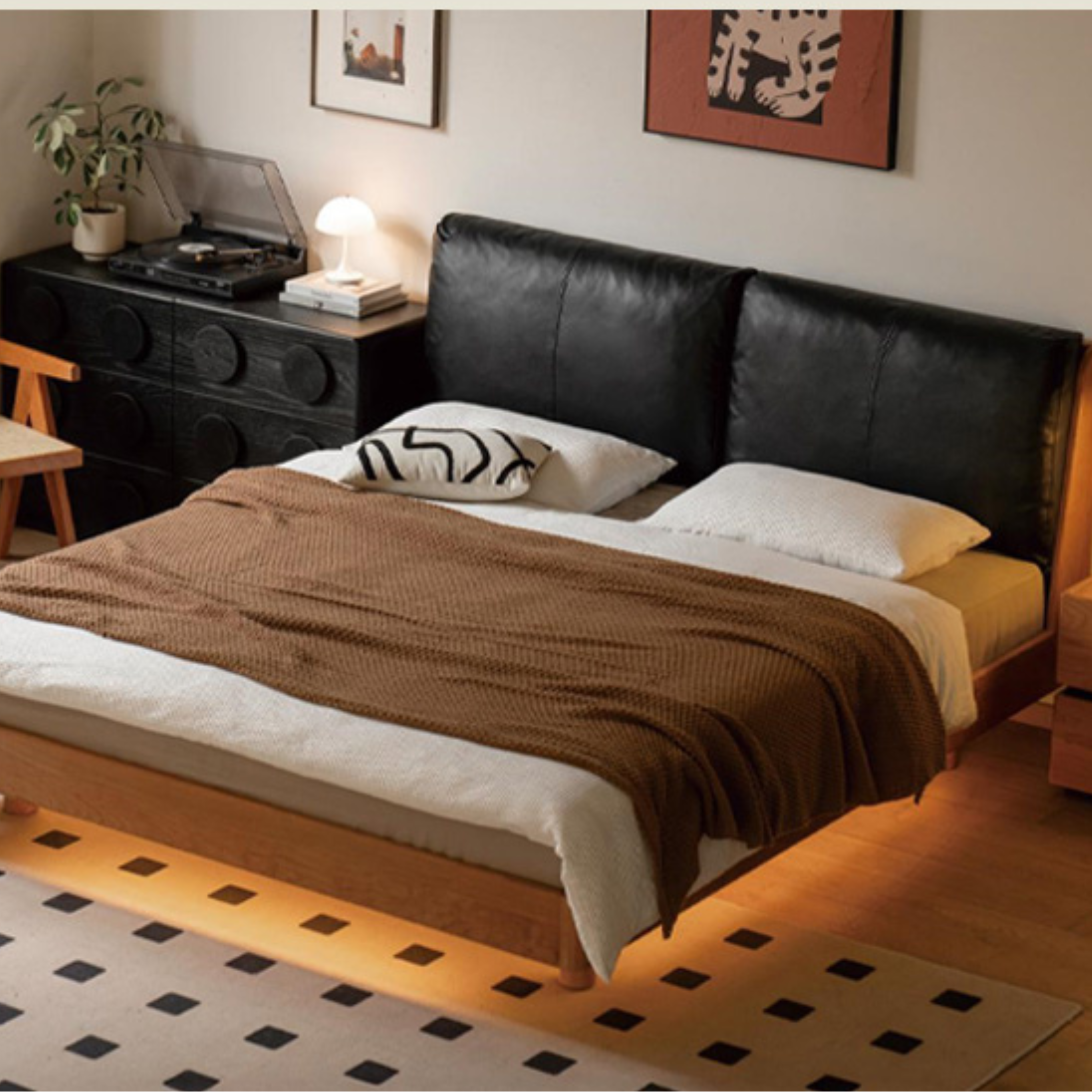 Cherry solid wood leather soft suspended bed