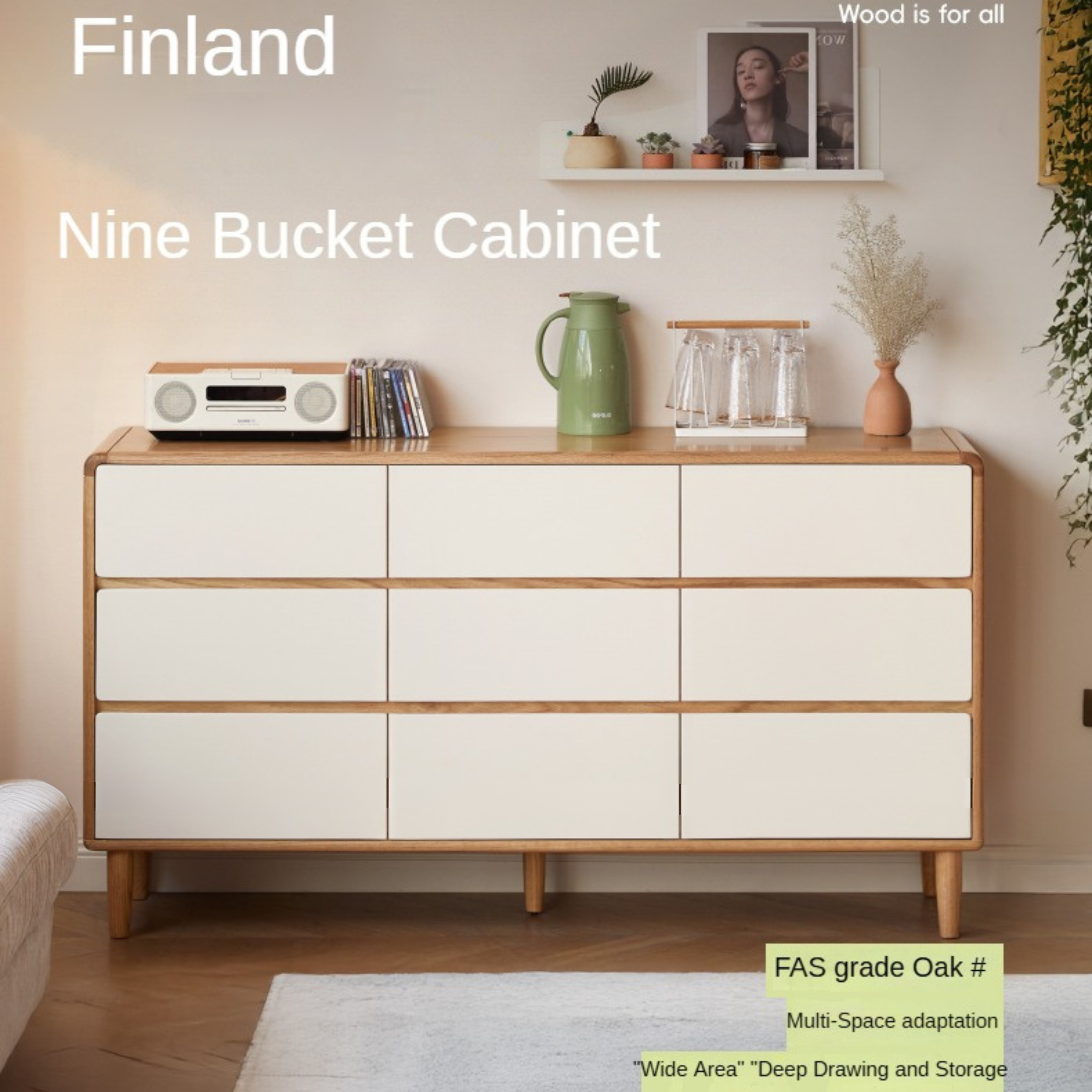 Oak Solid Wood Modern Nine Drawer Cabinet