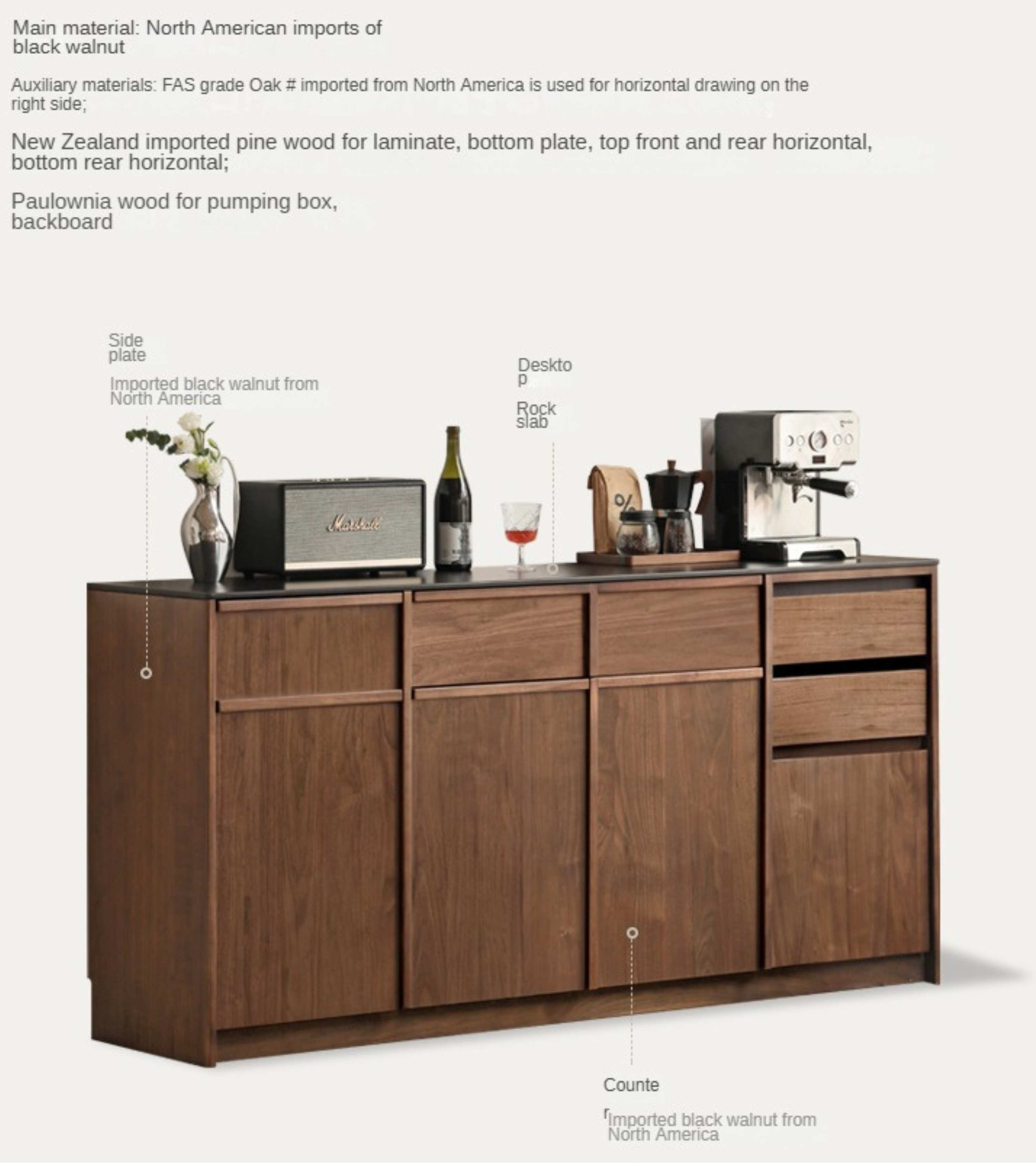Black Walnut Solid Wood Sideboard with Slate Top, Storage Cabinet for Dining Room