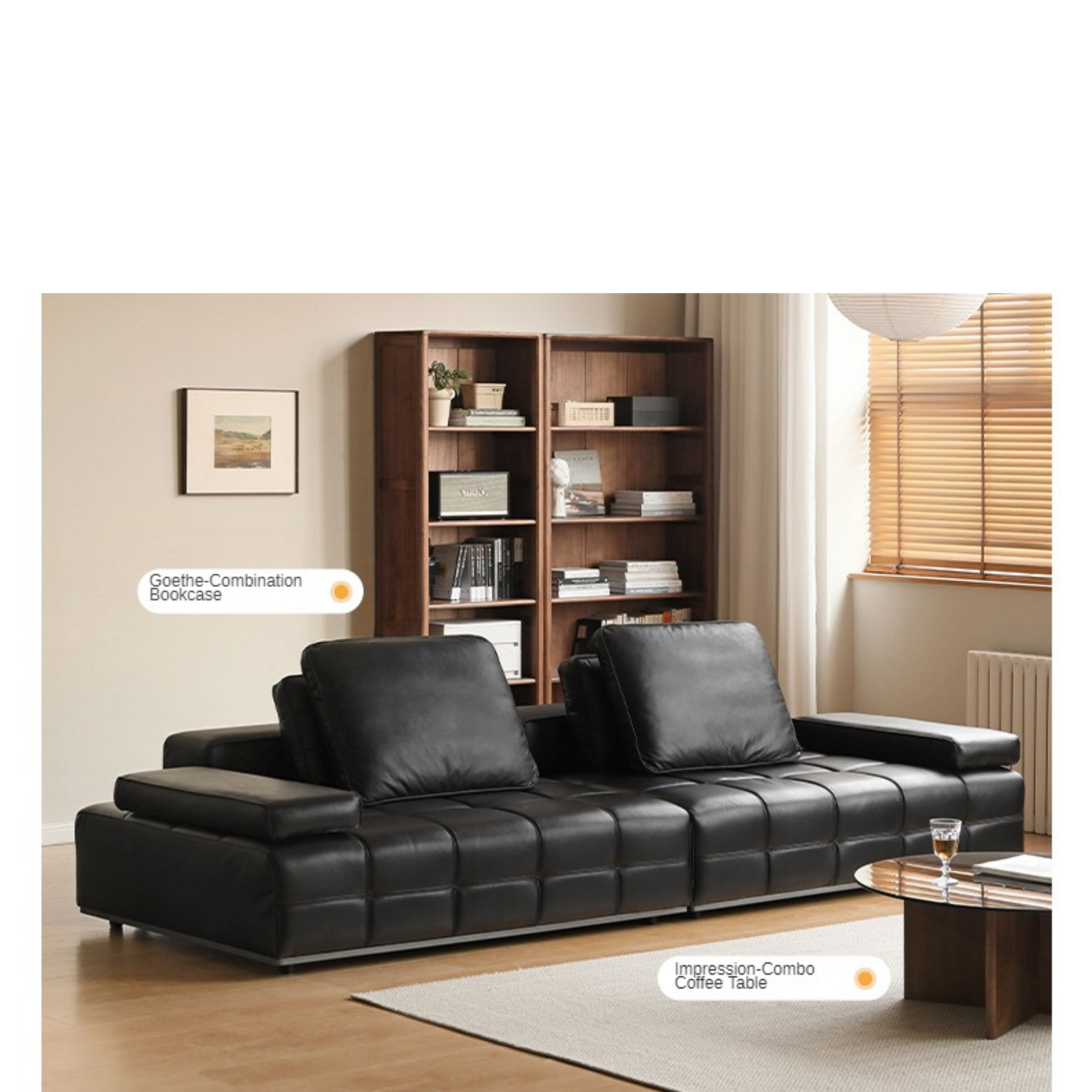 Leather Sofa Italian Black Straight Head Layer Yellow Cowhide.