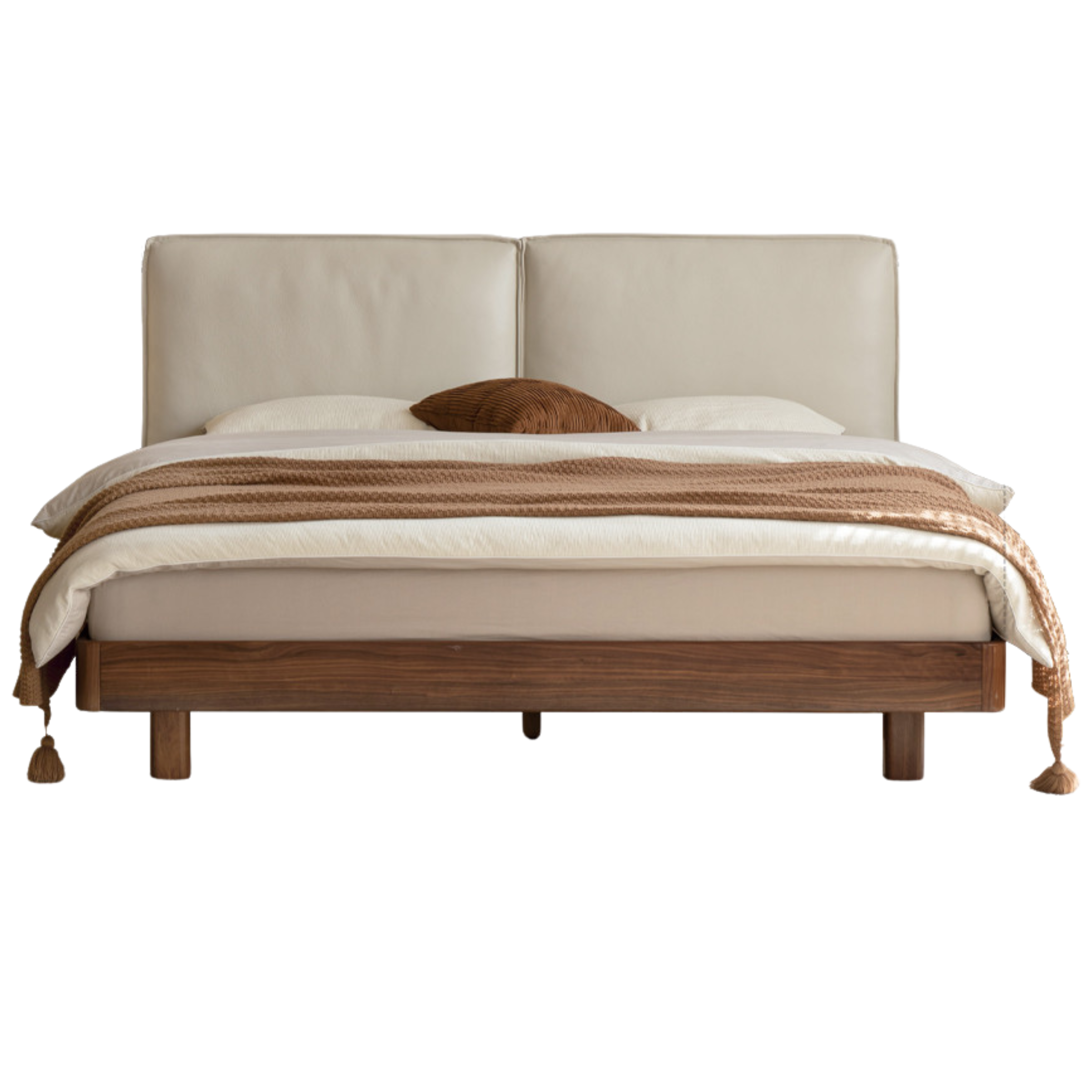 Teak, Black Walnut Solid Wood Genuine Leather Suspended Bed with Light