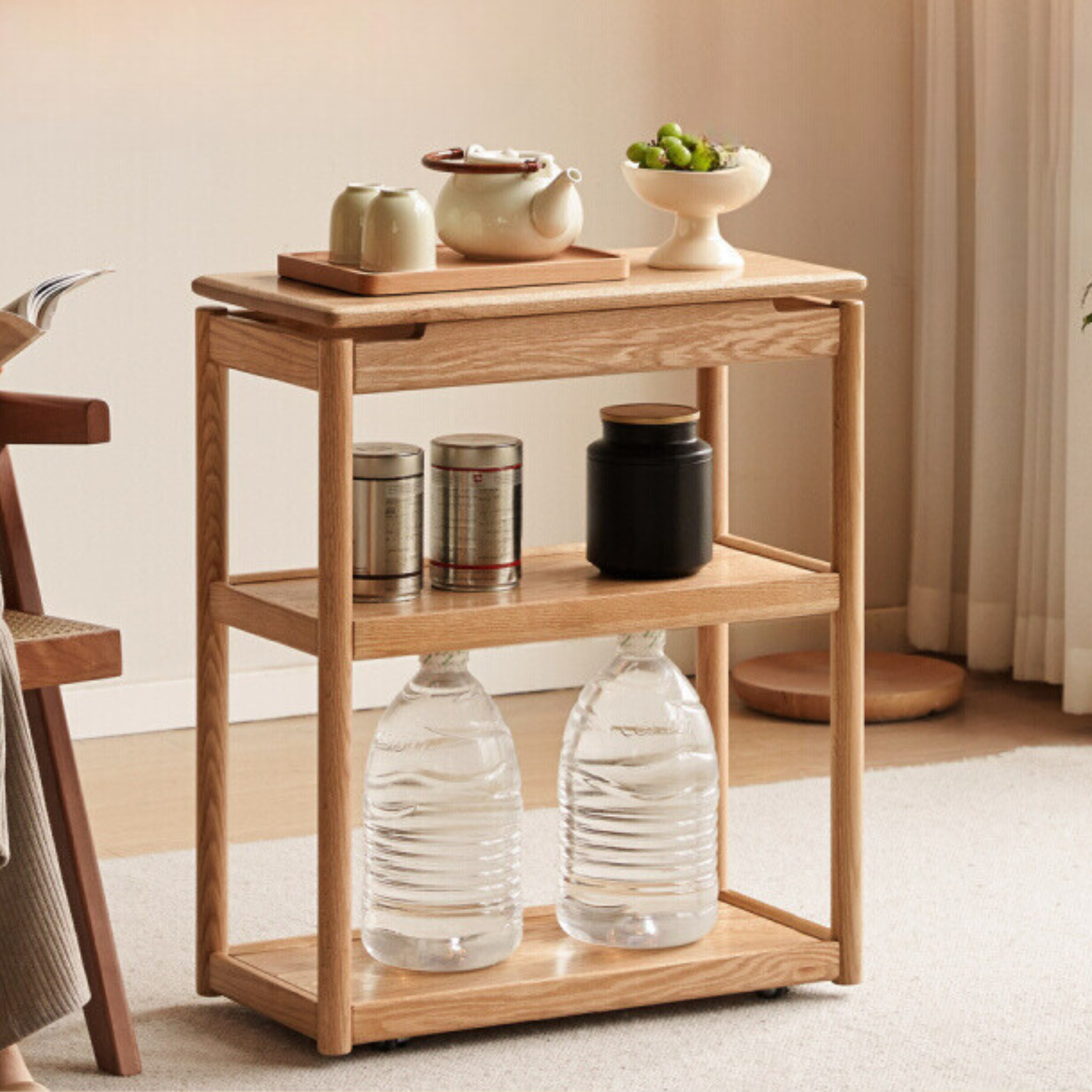 Oak, Ash Solid Wood Mobile Side Table