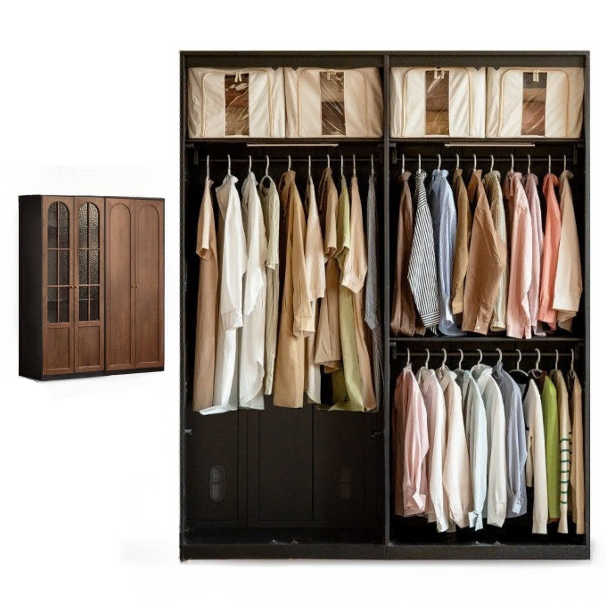 Black Walnut Solid Wood Wardrobe with Arched Textured Glass Doors