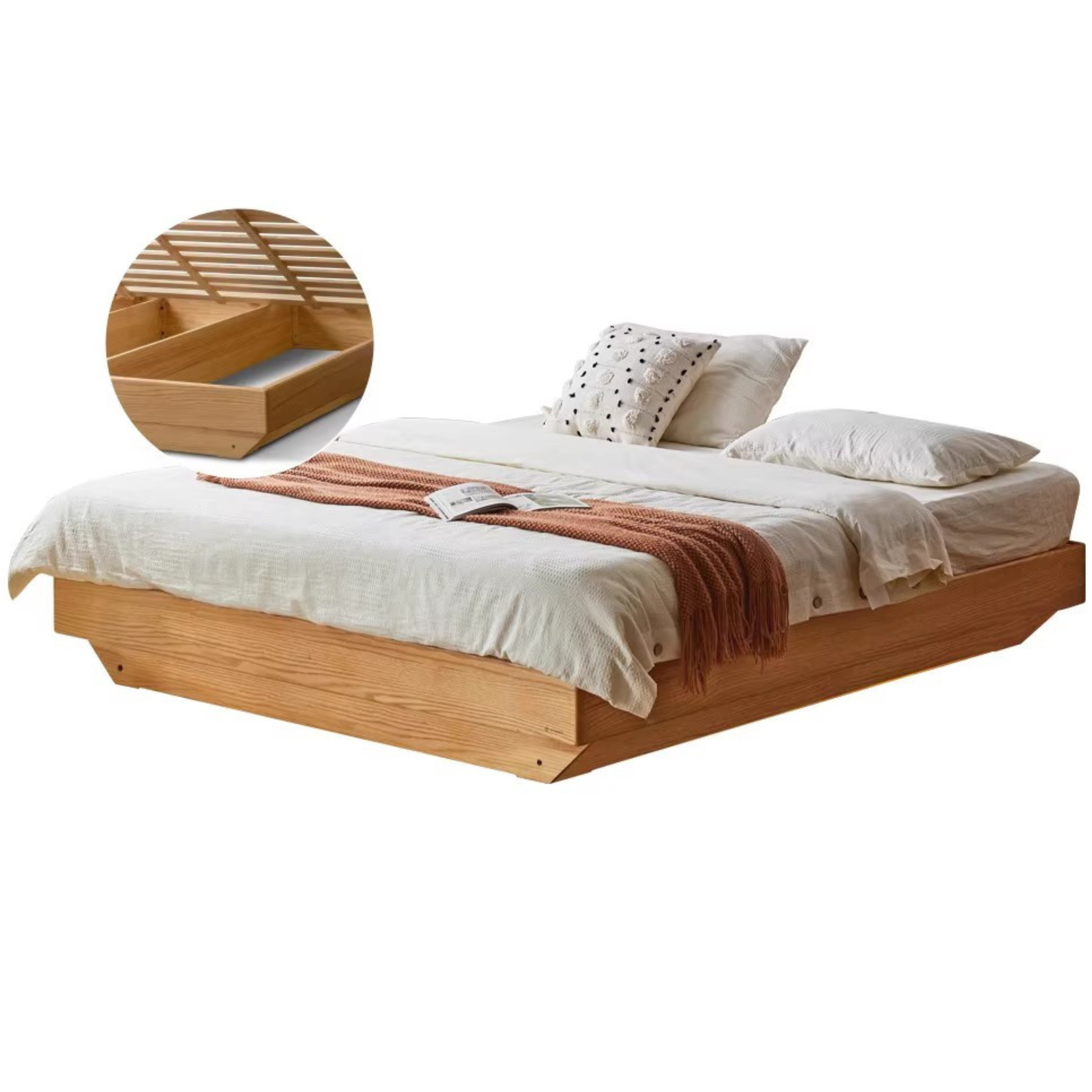 Oak solid wood platform bed, headboard-free bed suspension bed.