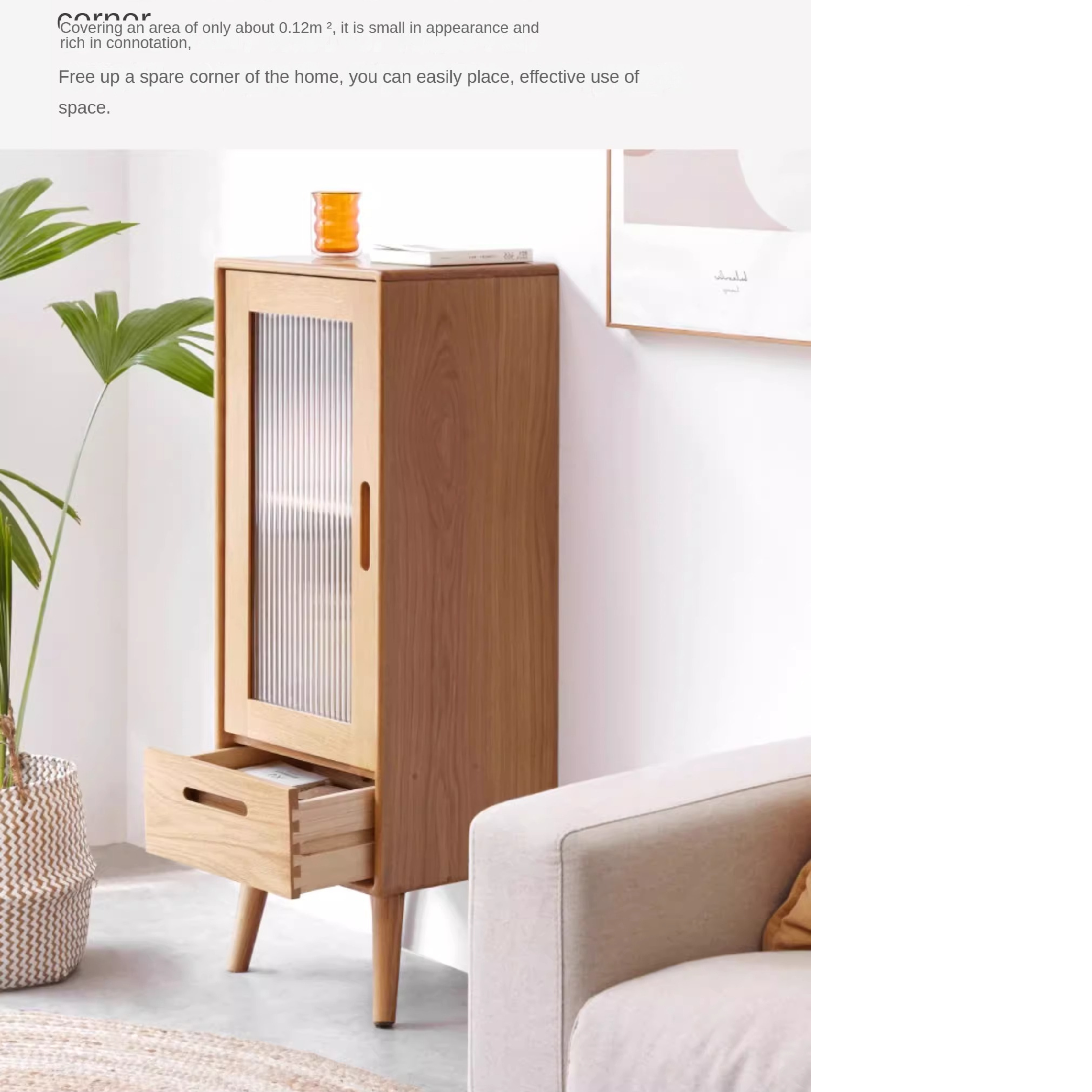 Oak Solid Wood Glass Door Display Side Cabinet