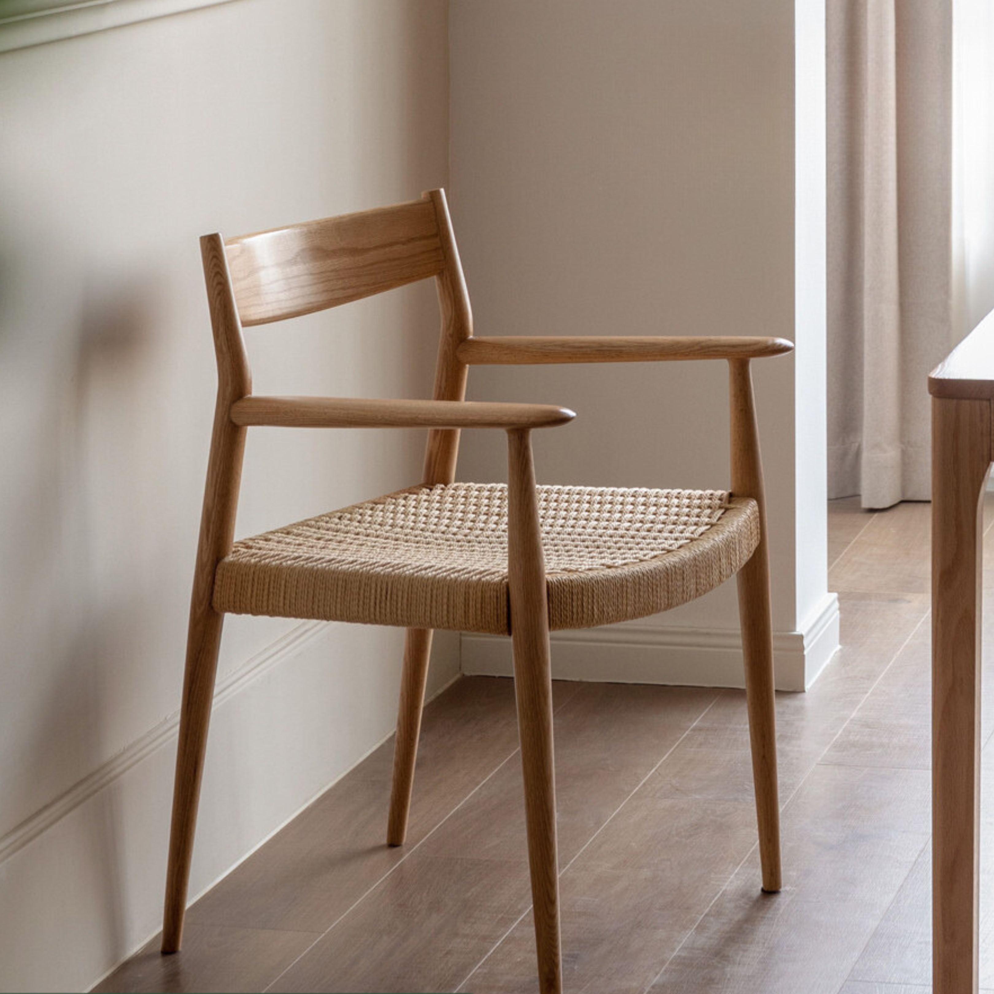 Oak Solid Wood Rope Weaving Chair, Original Wood Leisure Armchair: