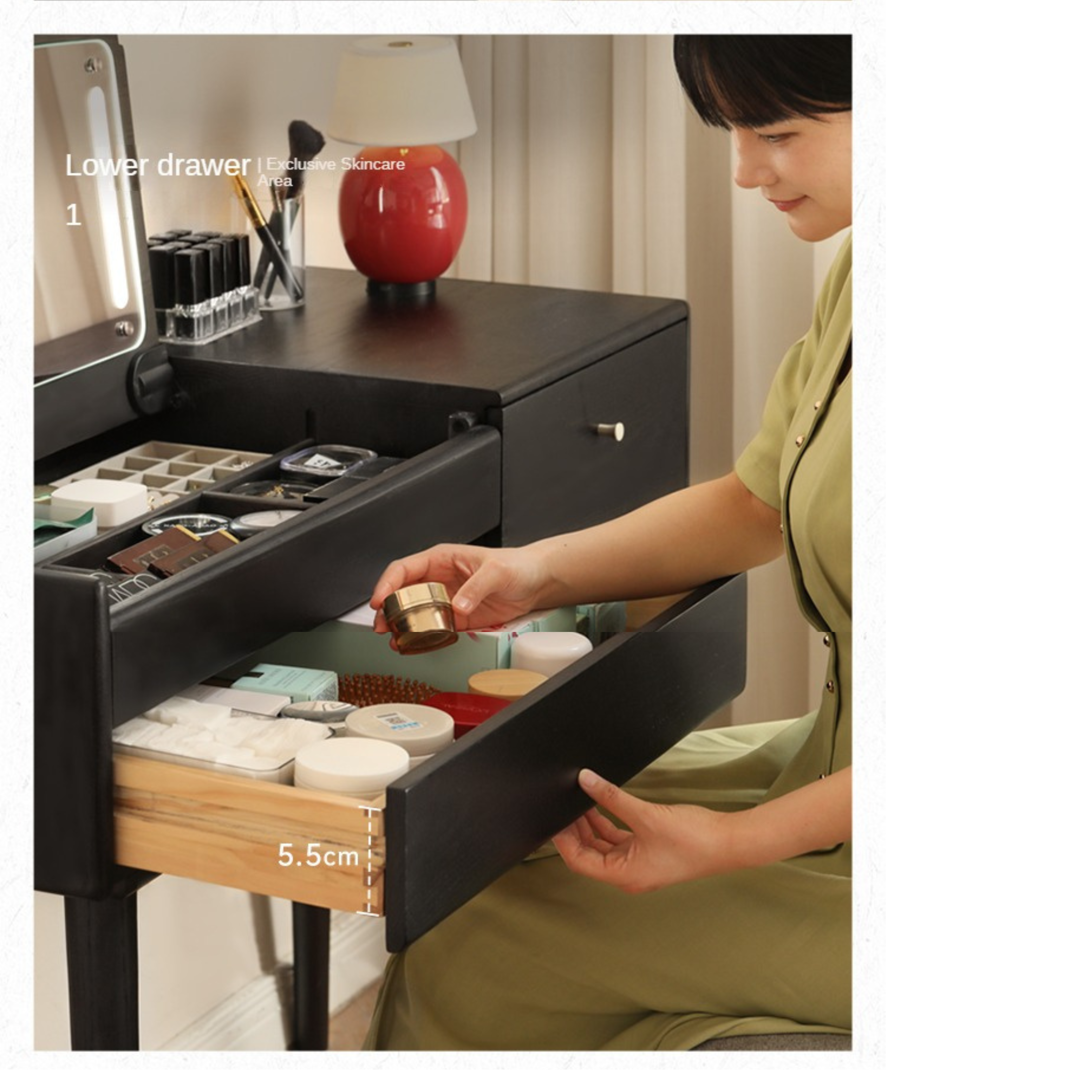 Oak Solid Wood Black Makeup Table Mirror LED Touch.