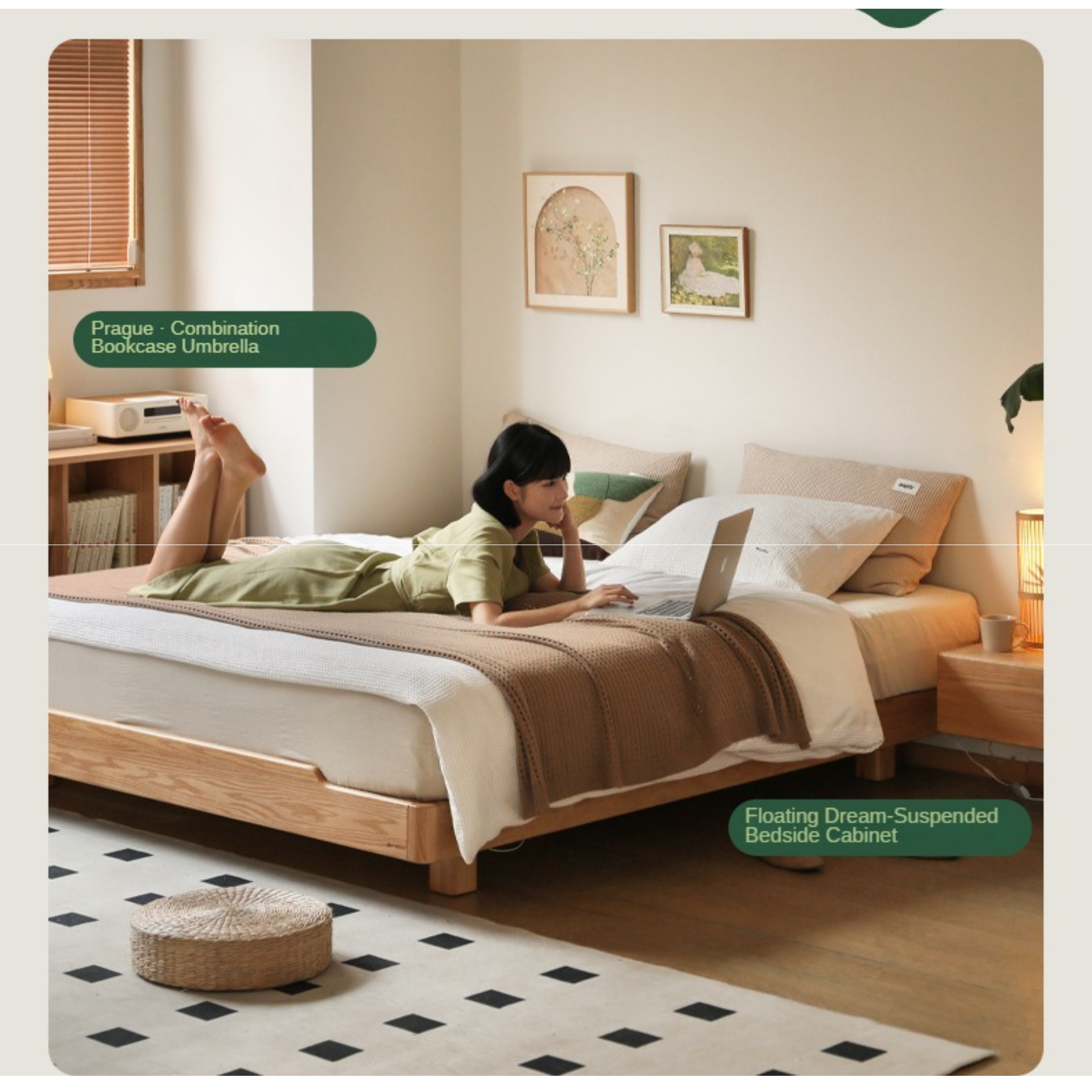 Oak solid wood Suspended platform bed, headboard-free bed with light