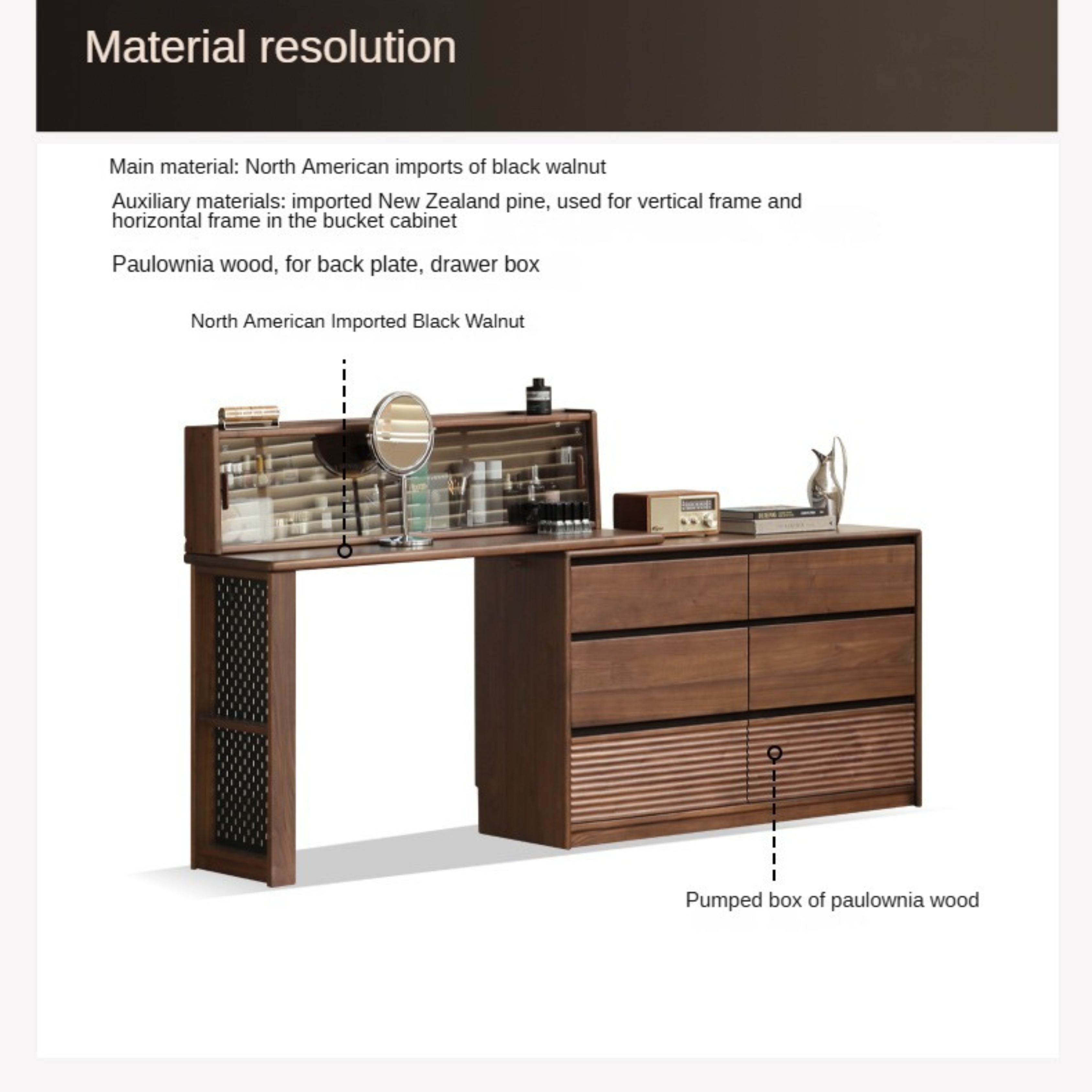 Black Walnut, Sandawood Light Luxury Retractable Vanity Table.