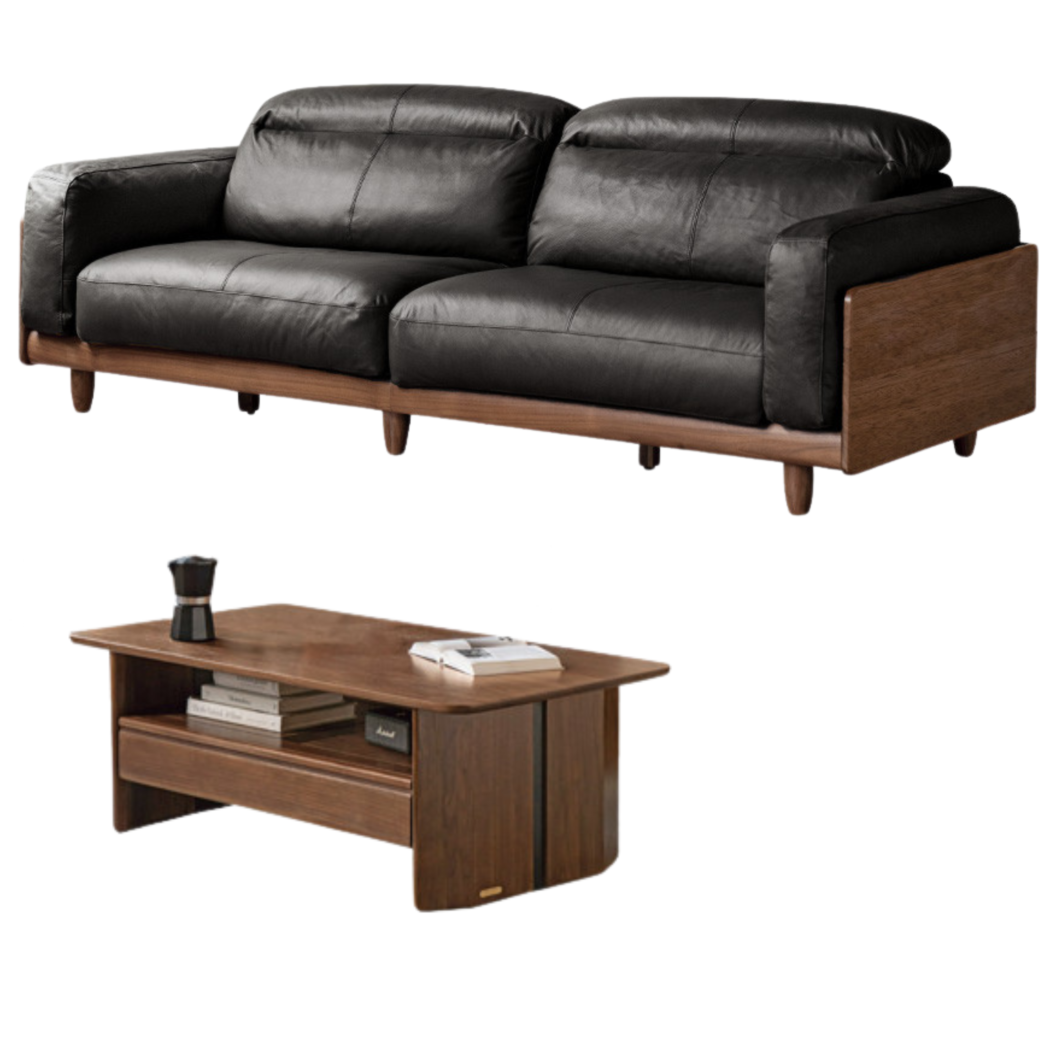 Black Walnut, Poplar Solid Wood Leather Sofa Italian Light Luxury.