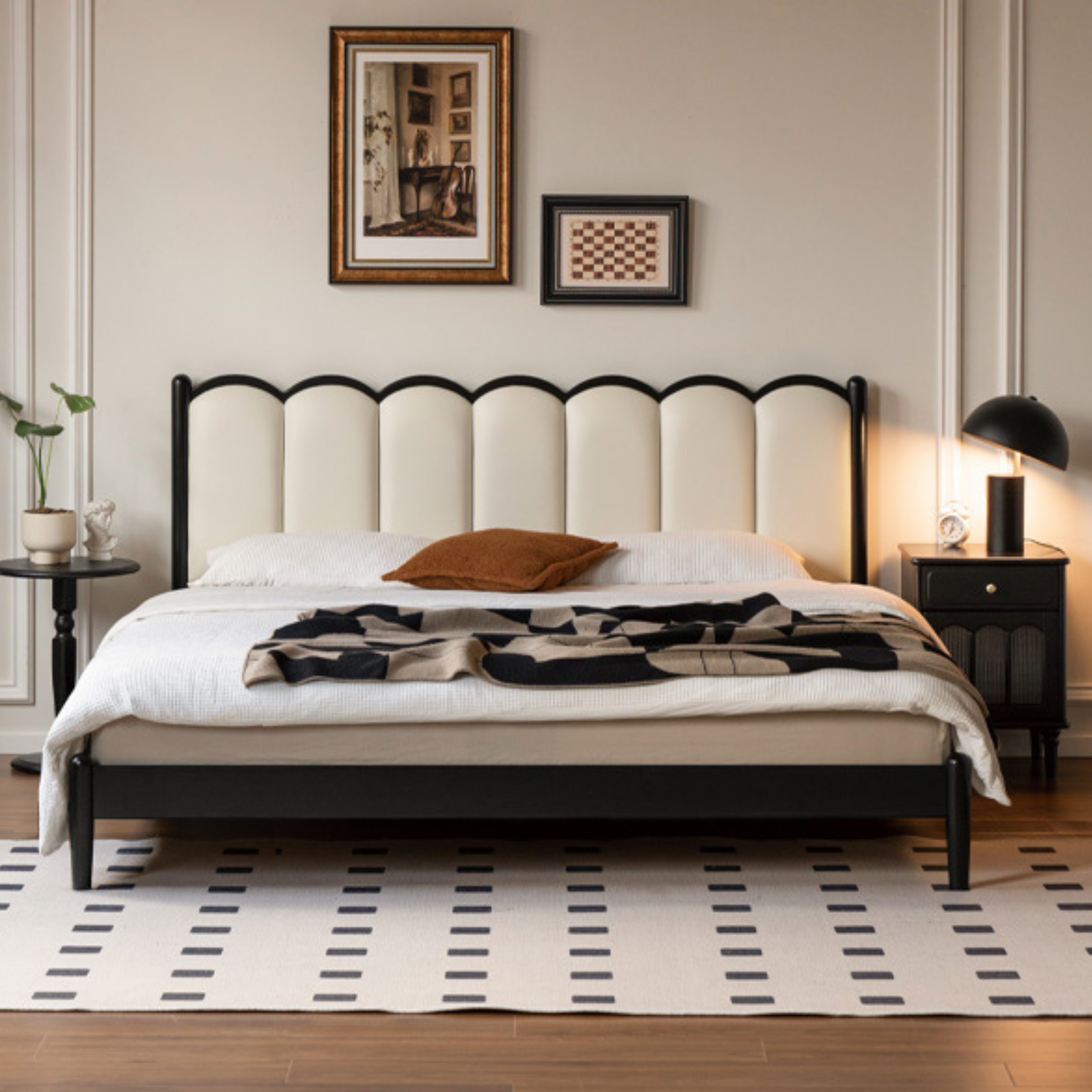 Rubber wood, Poplar Solid Wood Bed French Retro Style Black Harp Bed