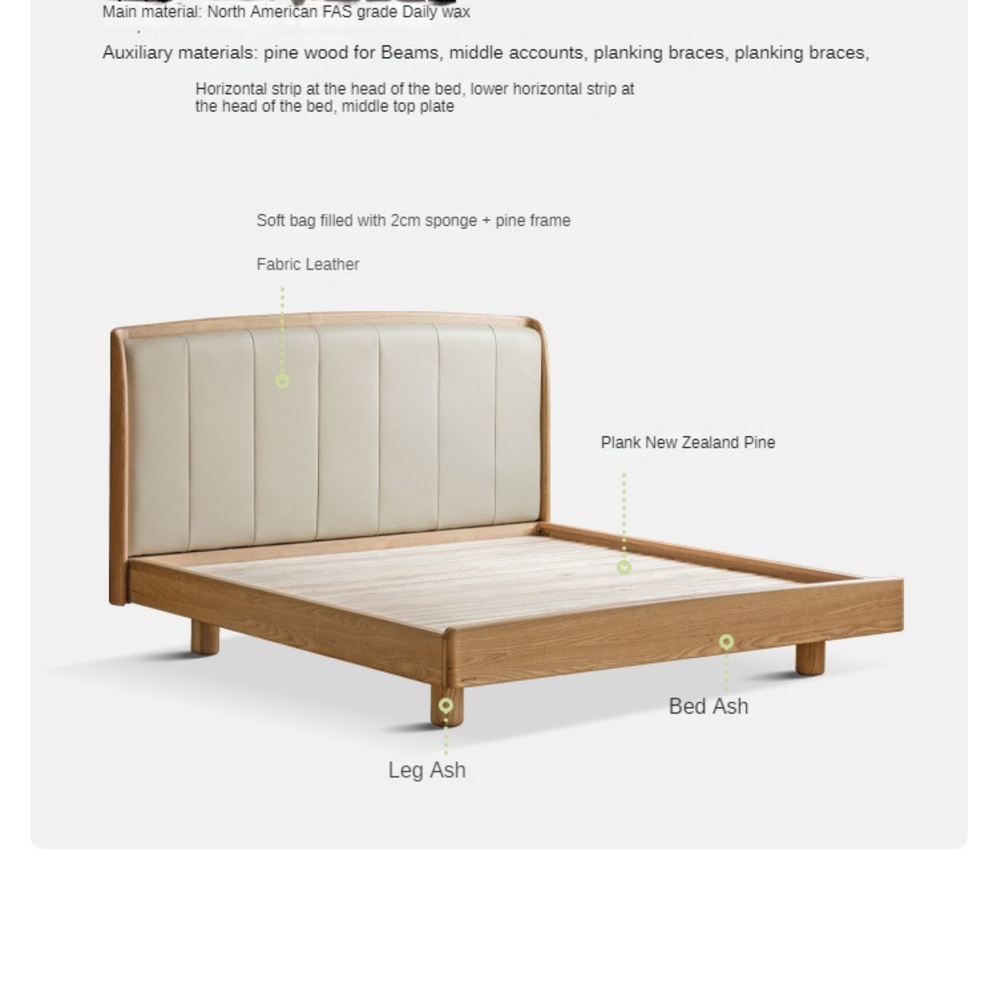 Ash Solid Wood Genuine Leather High Soft Back Bed