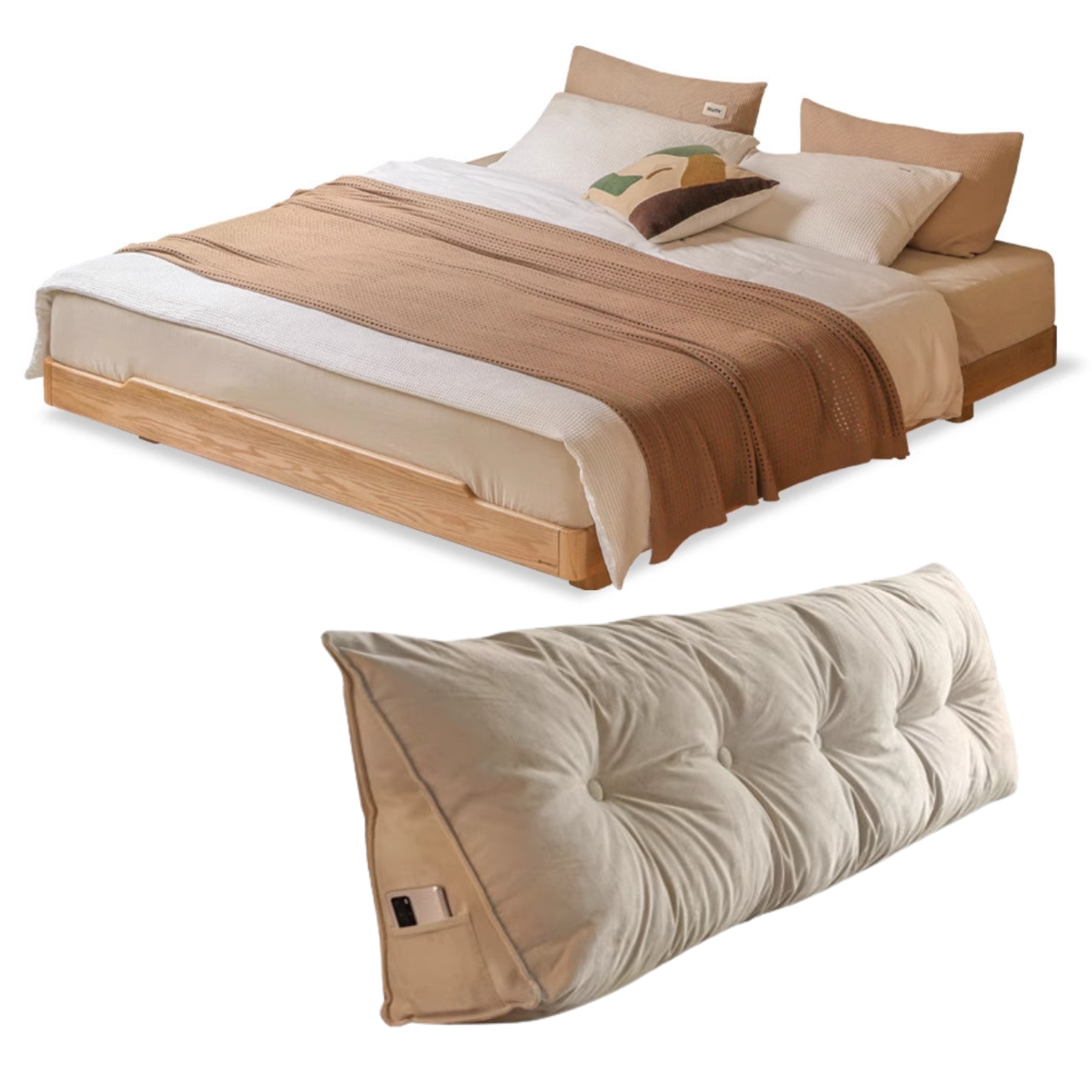 Oak solid wood Suspended platform bed, headboard-free bed with light