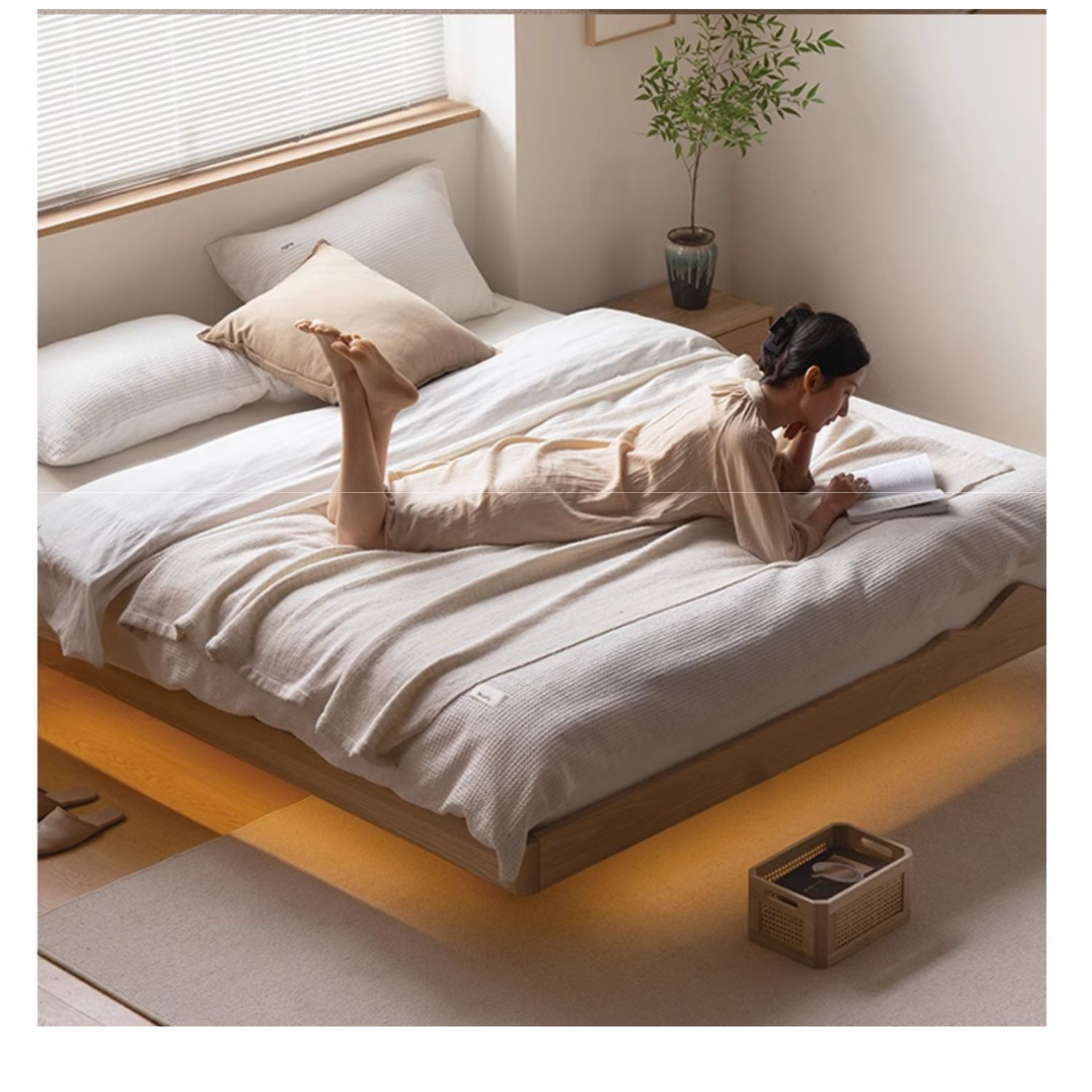Ash Solid Wood Suspended Platform Bed, Headboard-Free Bed