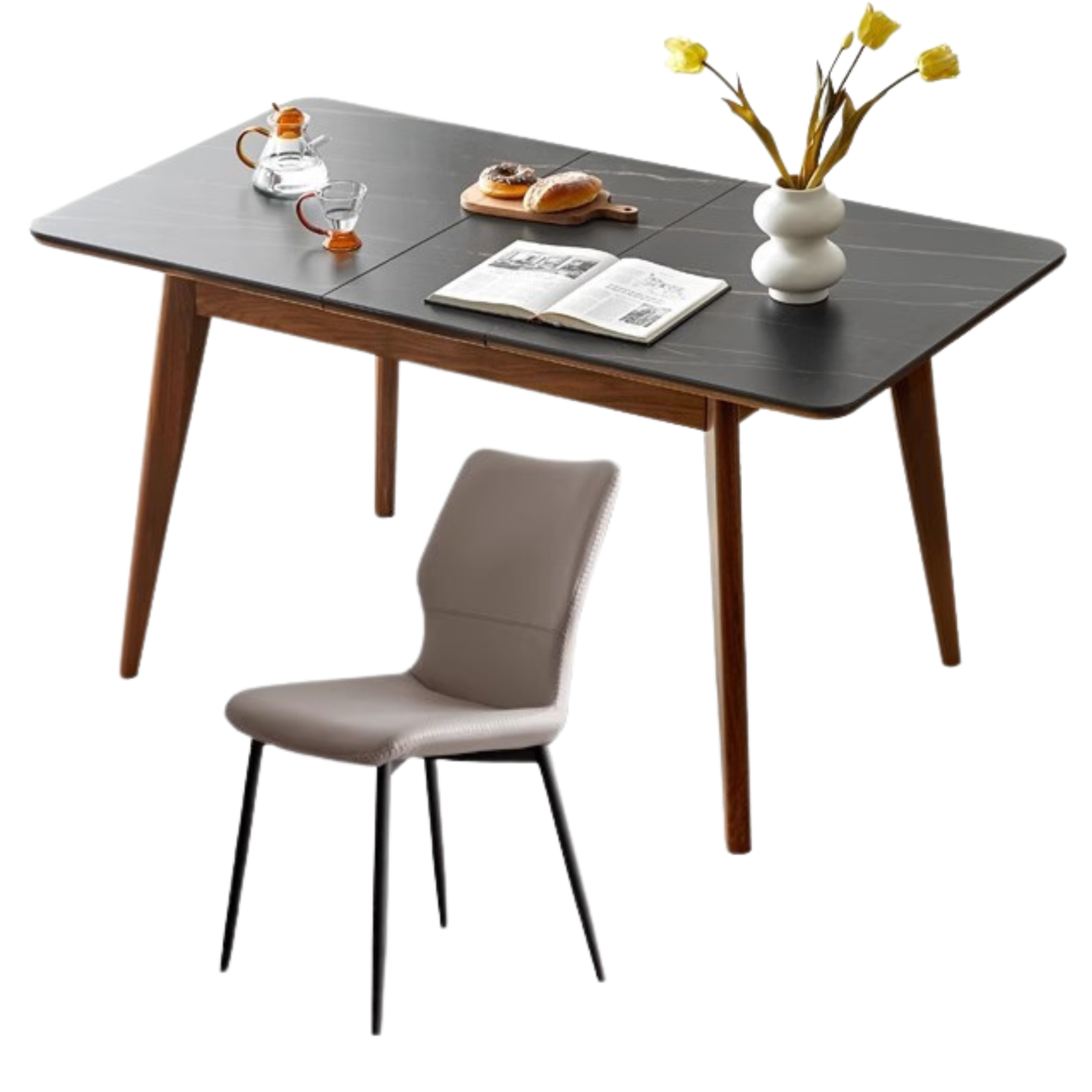 Black Walnut, Ash Solid Wood Telescopic Rock Slab Dining Table