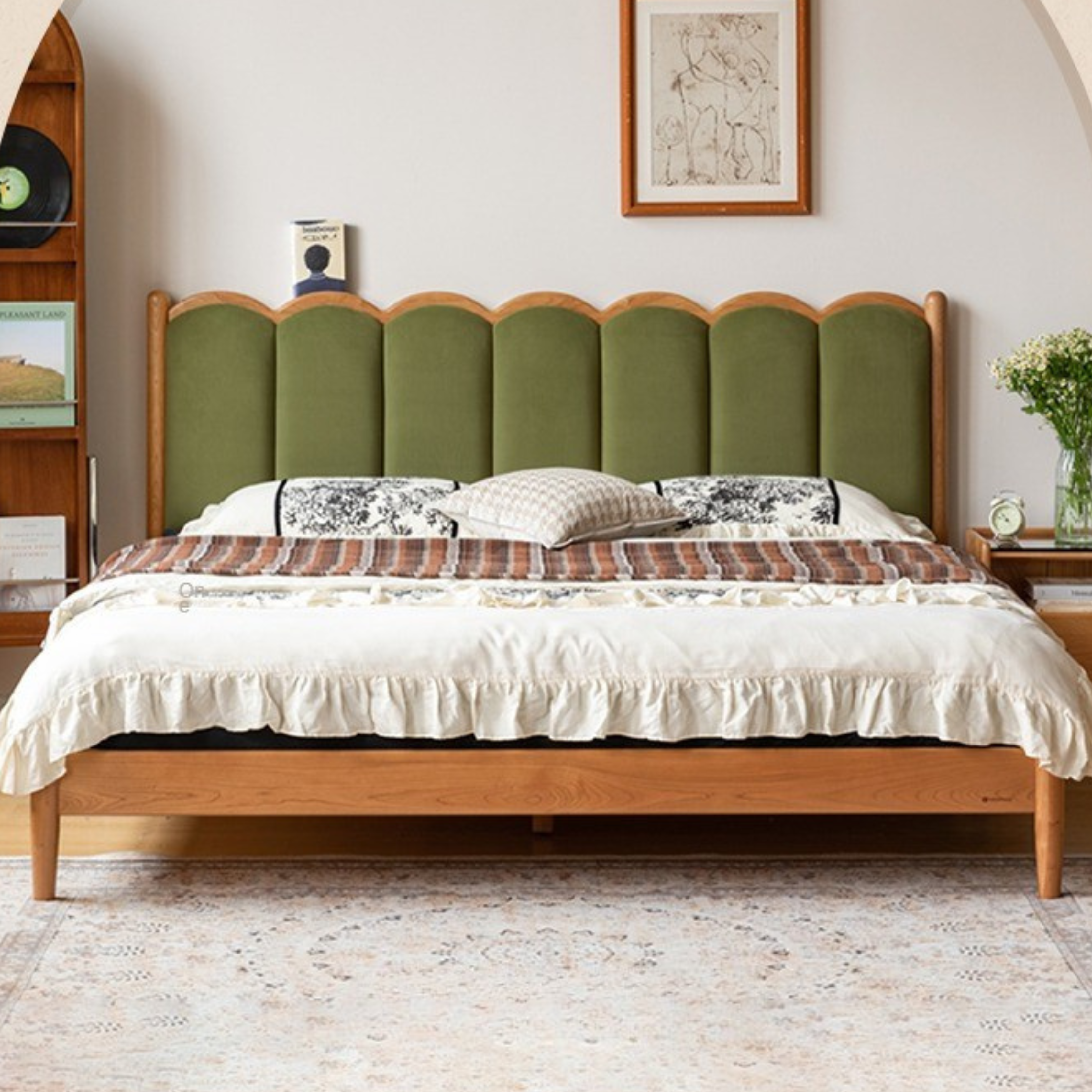 Cherry Solid Wood Soft Bed Retro