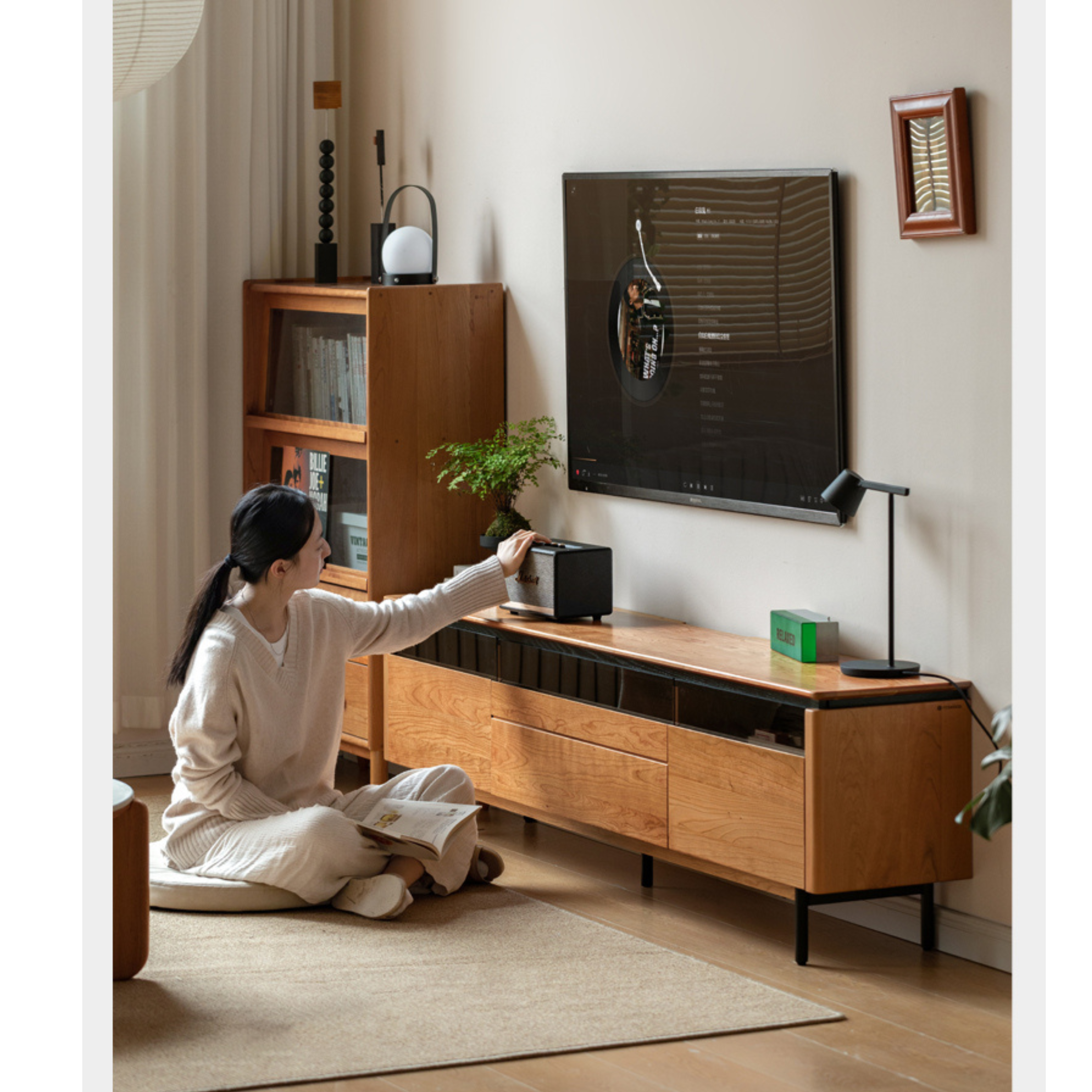 Cherry Solid Wood TV Cabinet Modern Simple))