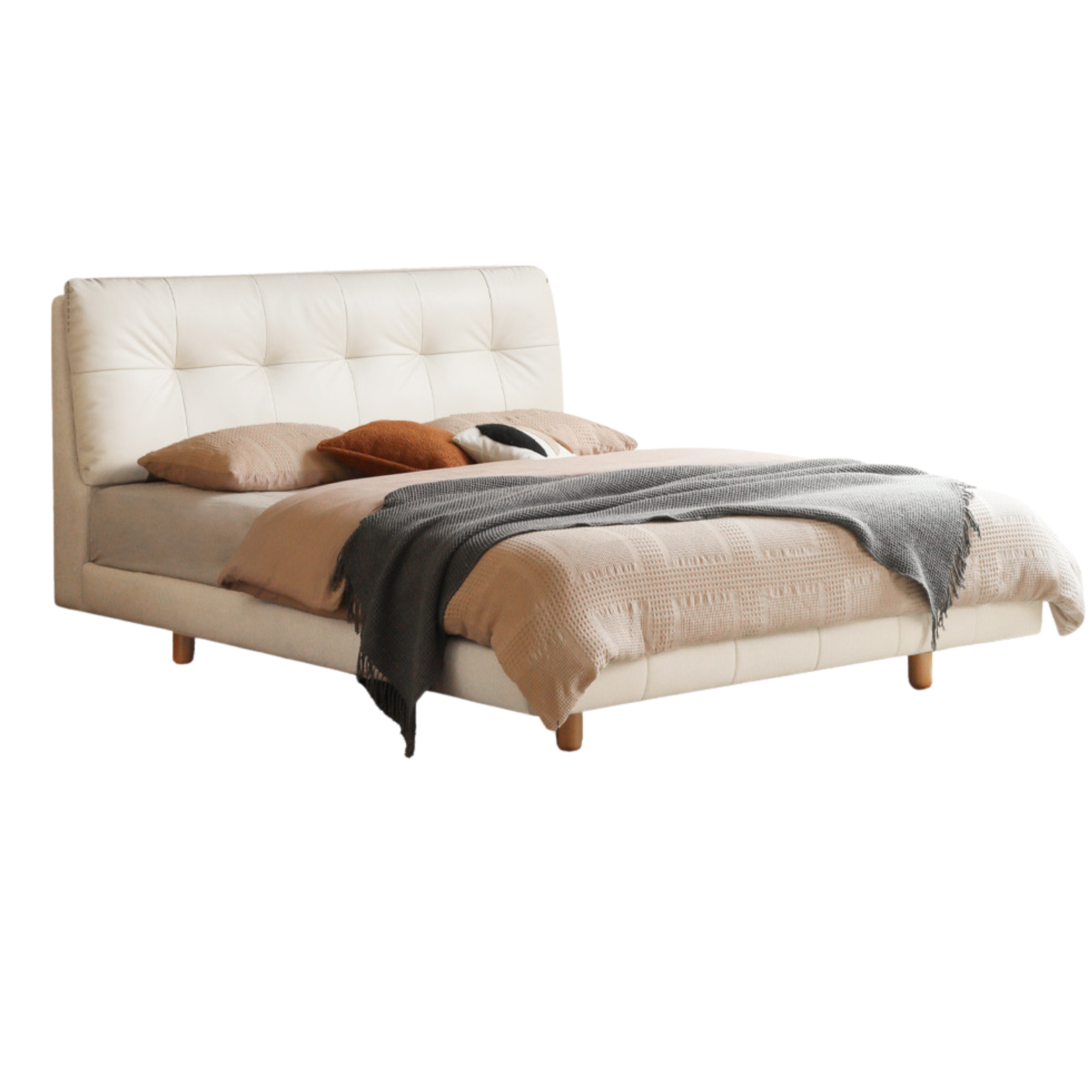 Fabric genuine leather soft bed puff cream style with light bed