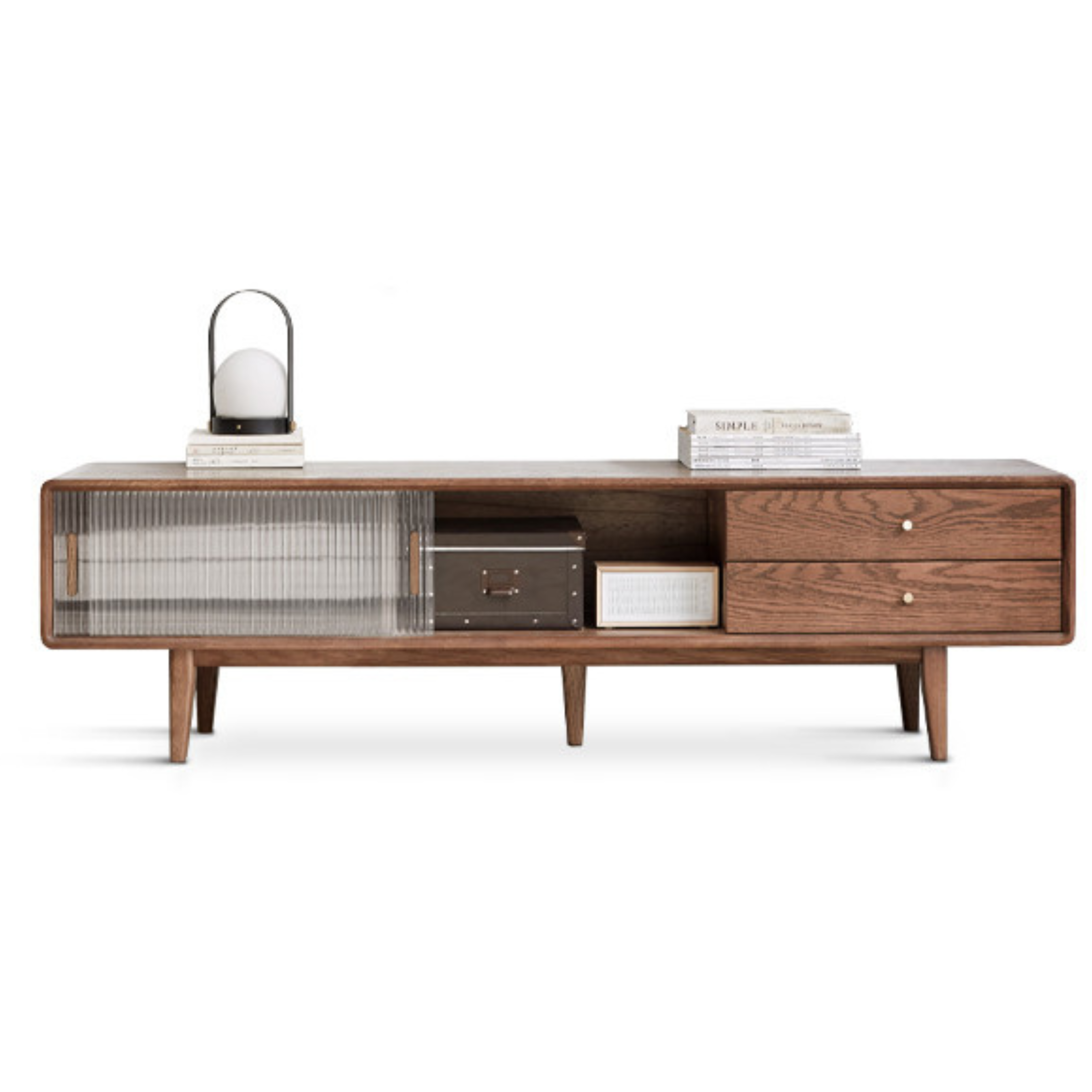 Oak, Solid Rubberwood , Beech Solid Wood TV Stand Glass Sliding Door