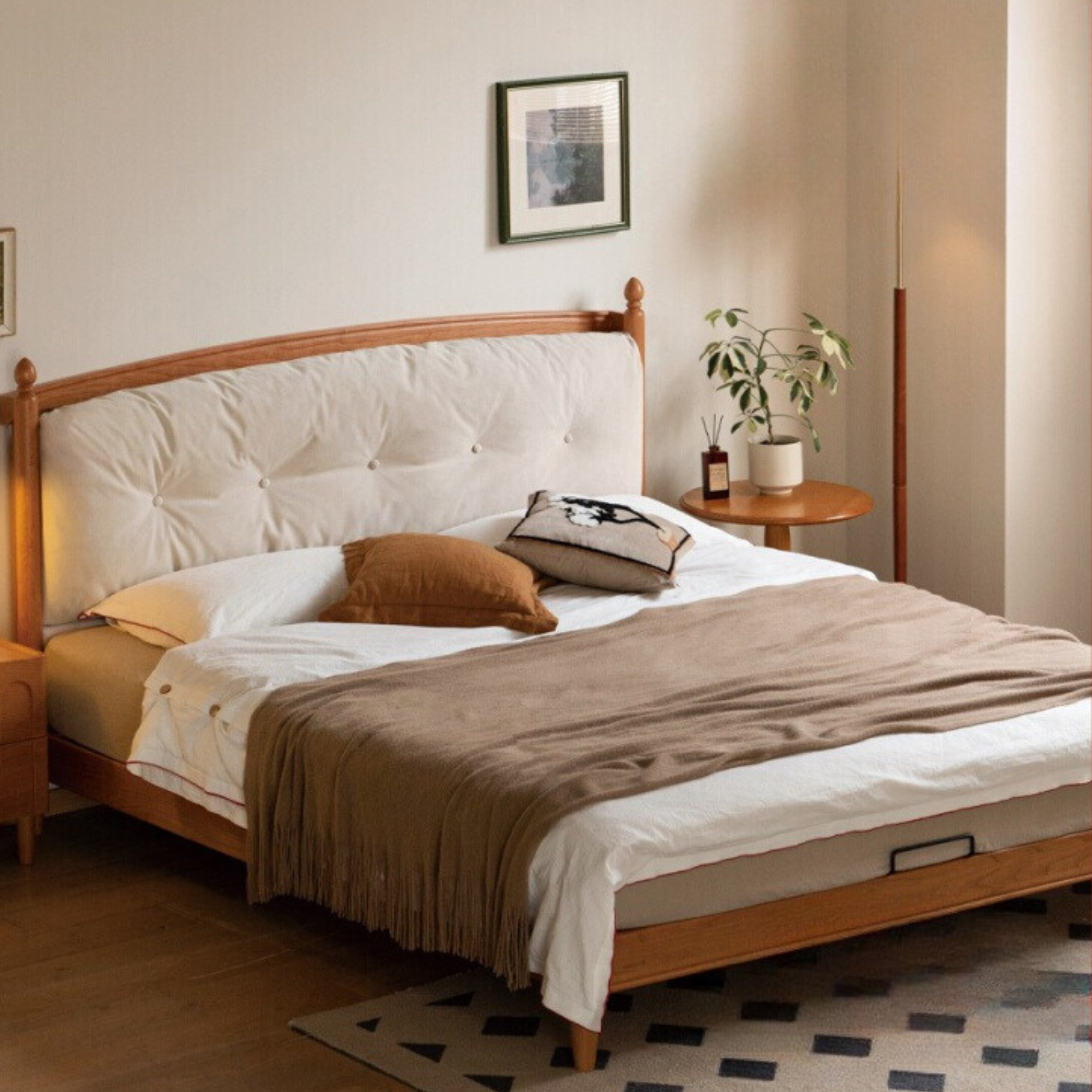 Cherry Solid Wood Soft Retro Bed