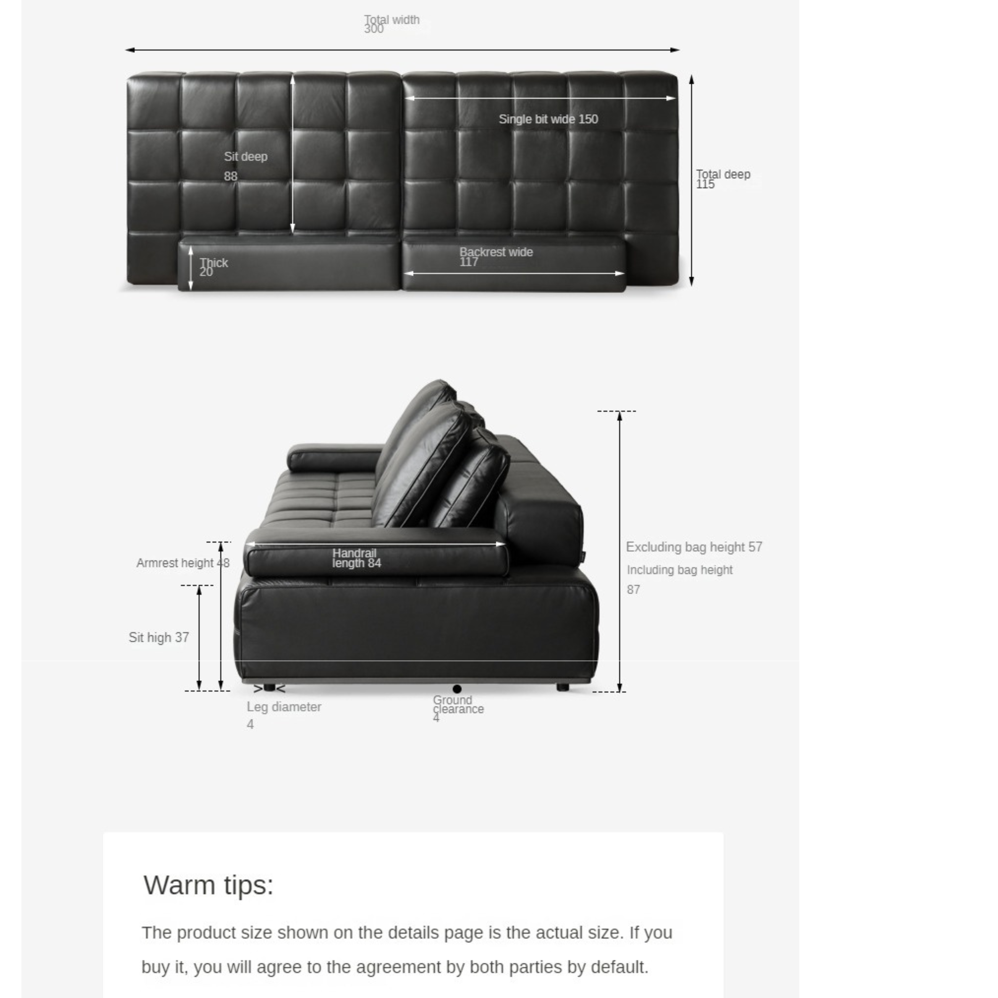 Leather Sofa Italian Black Straight Head Layer Yellow Cowhide.