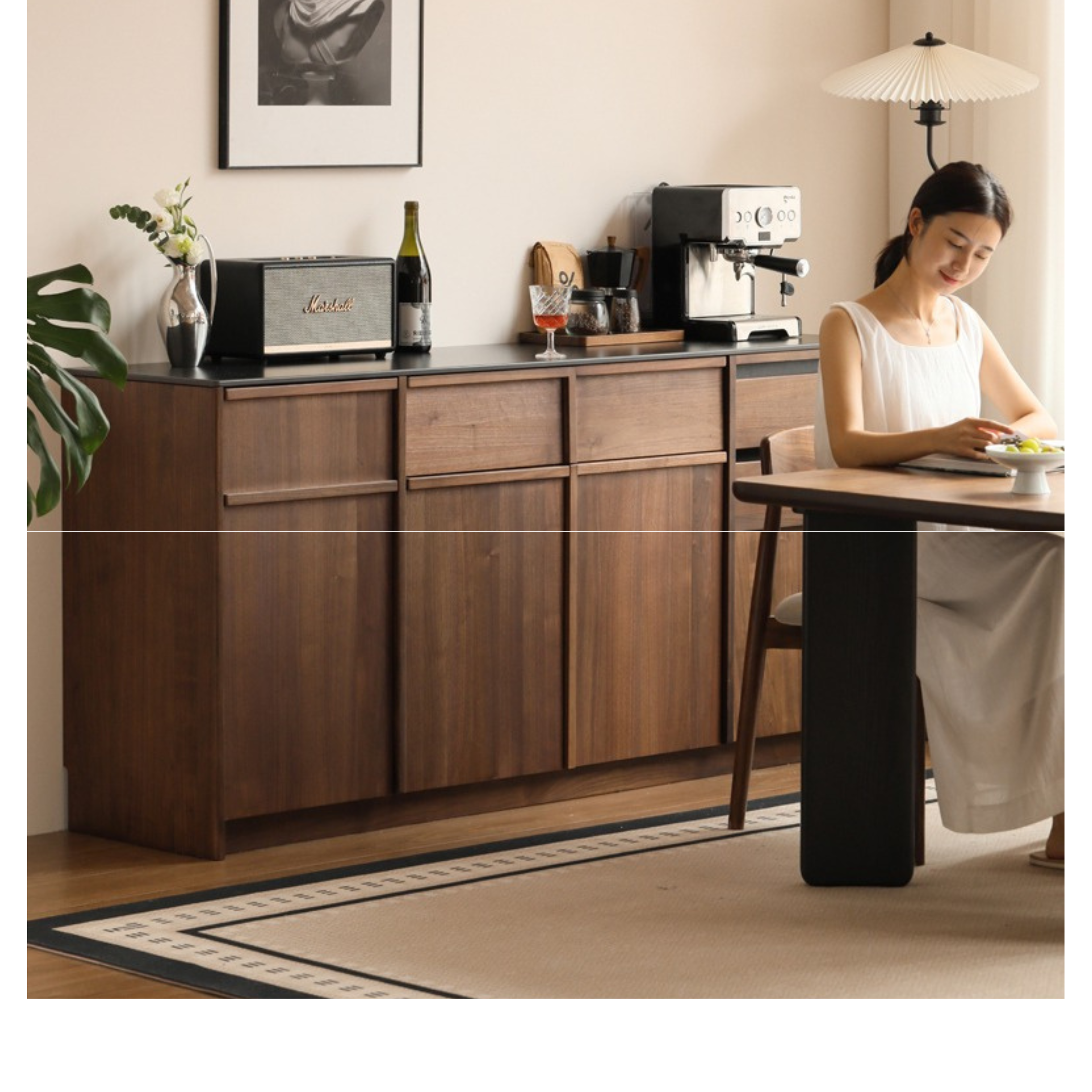 Black Walnut Solid Wood Sideboard with Slate Top, Storage Cabinet for Dining Room