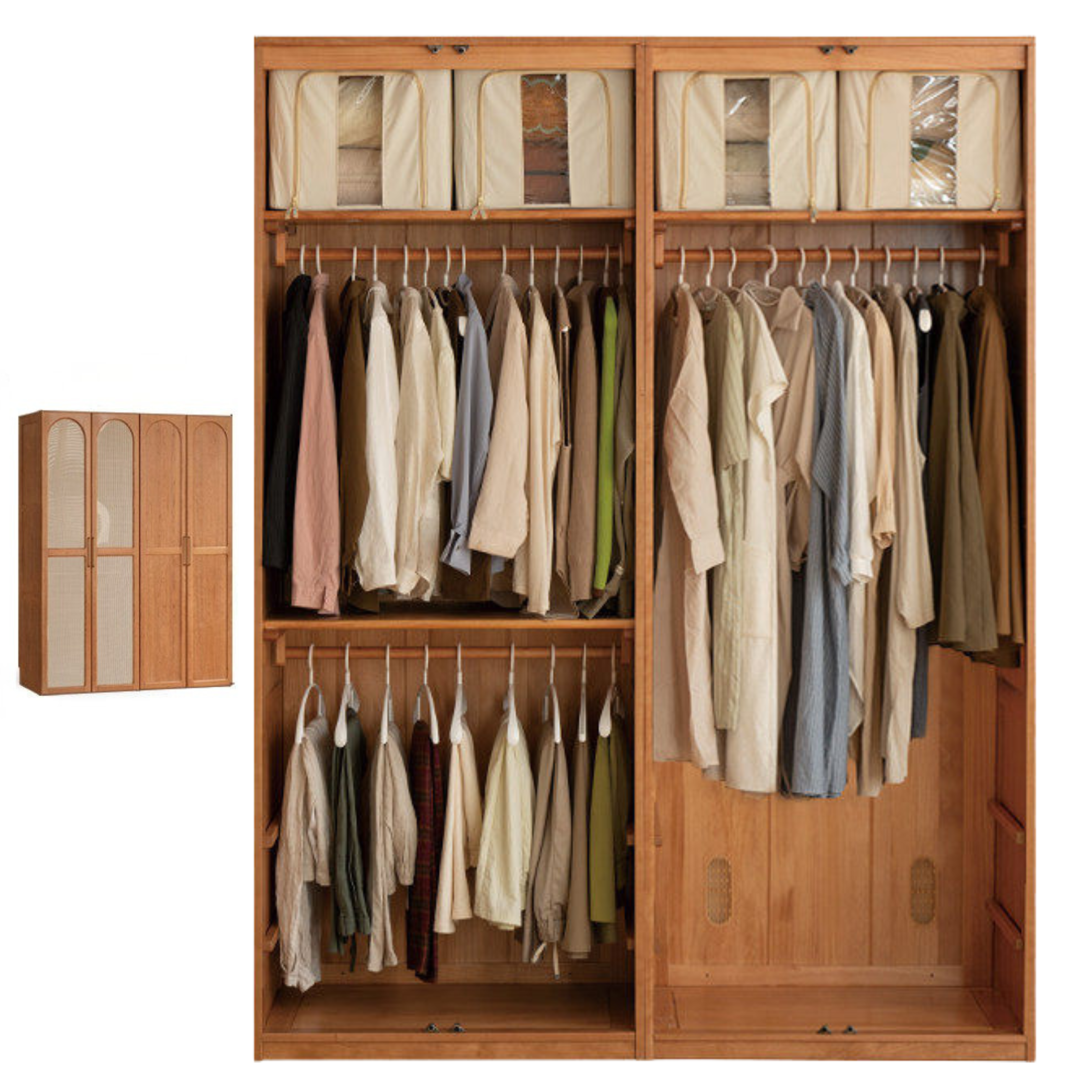 Cherry Solid Wood Swing Door Rattan Wardrobe