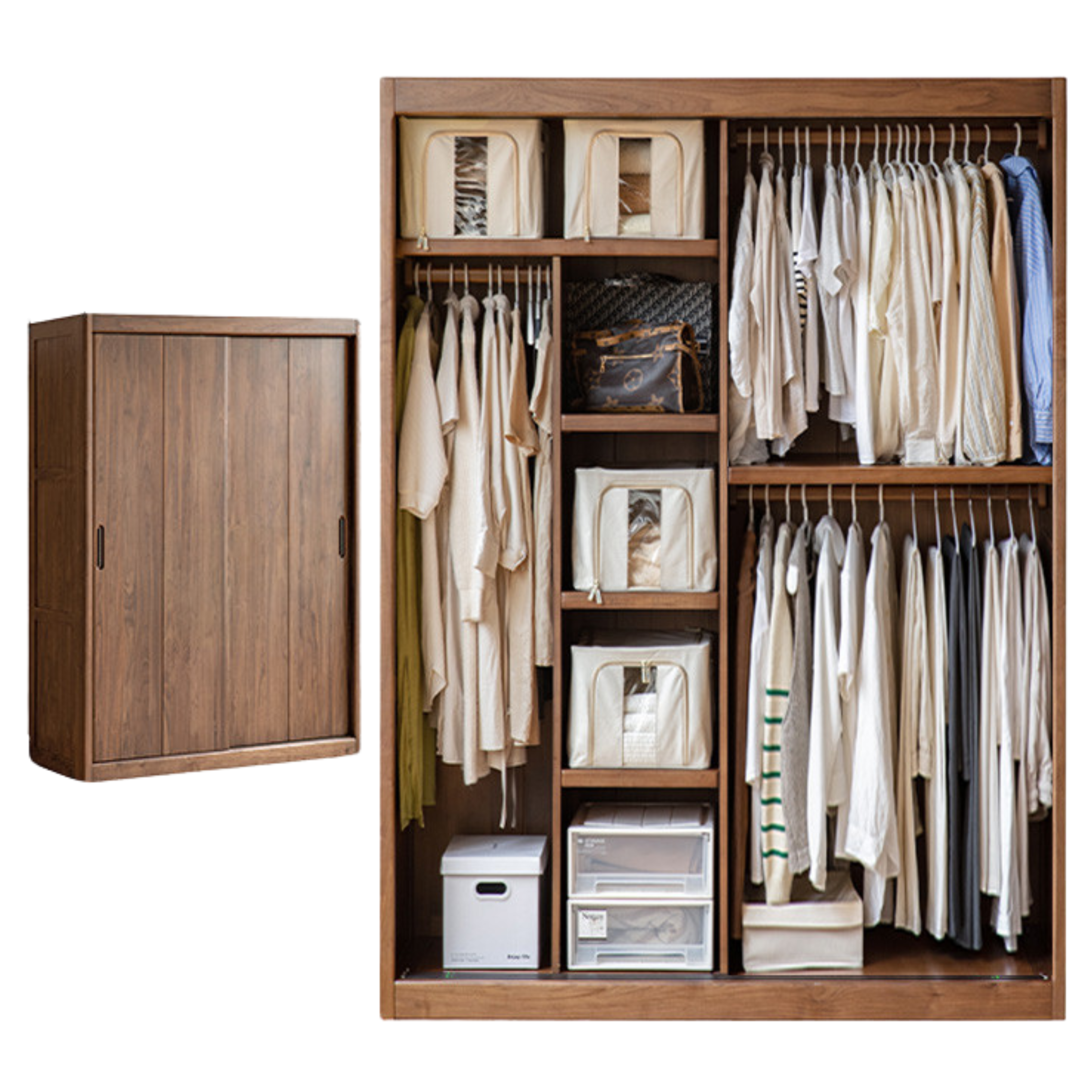 Black Walnut, Golden Sandalwood Solid Wood Wardrobe Sliding Door.