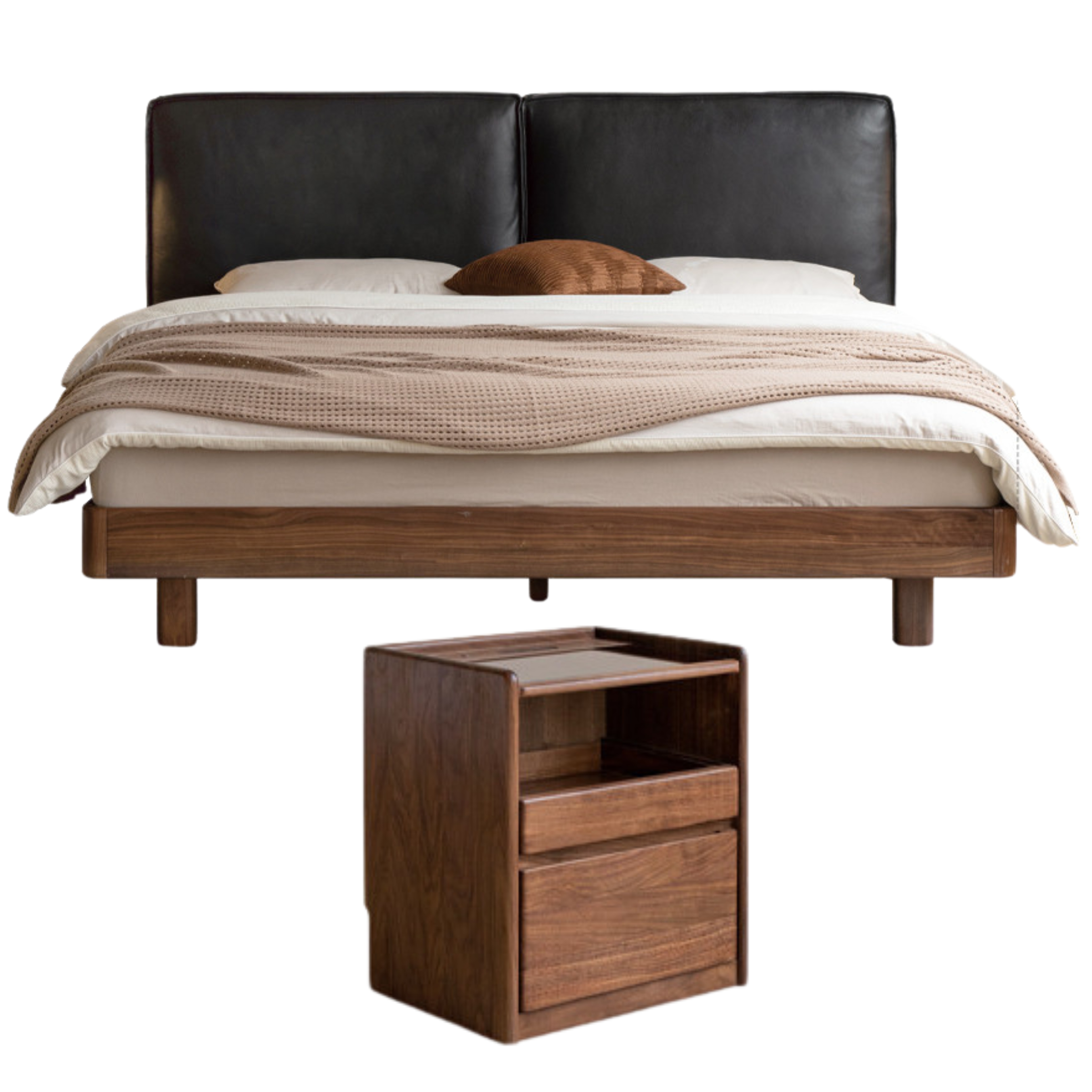Teak, Black Walnut Solid Wood Genuine Leather Suspended Bed with Light