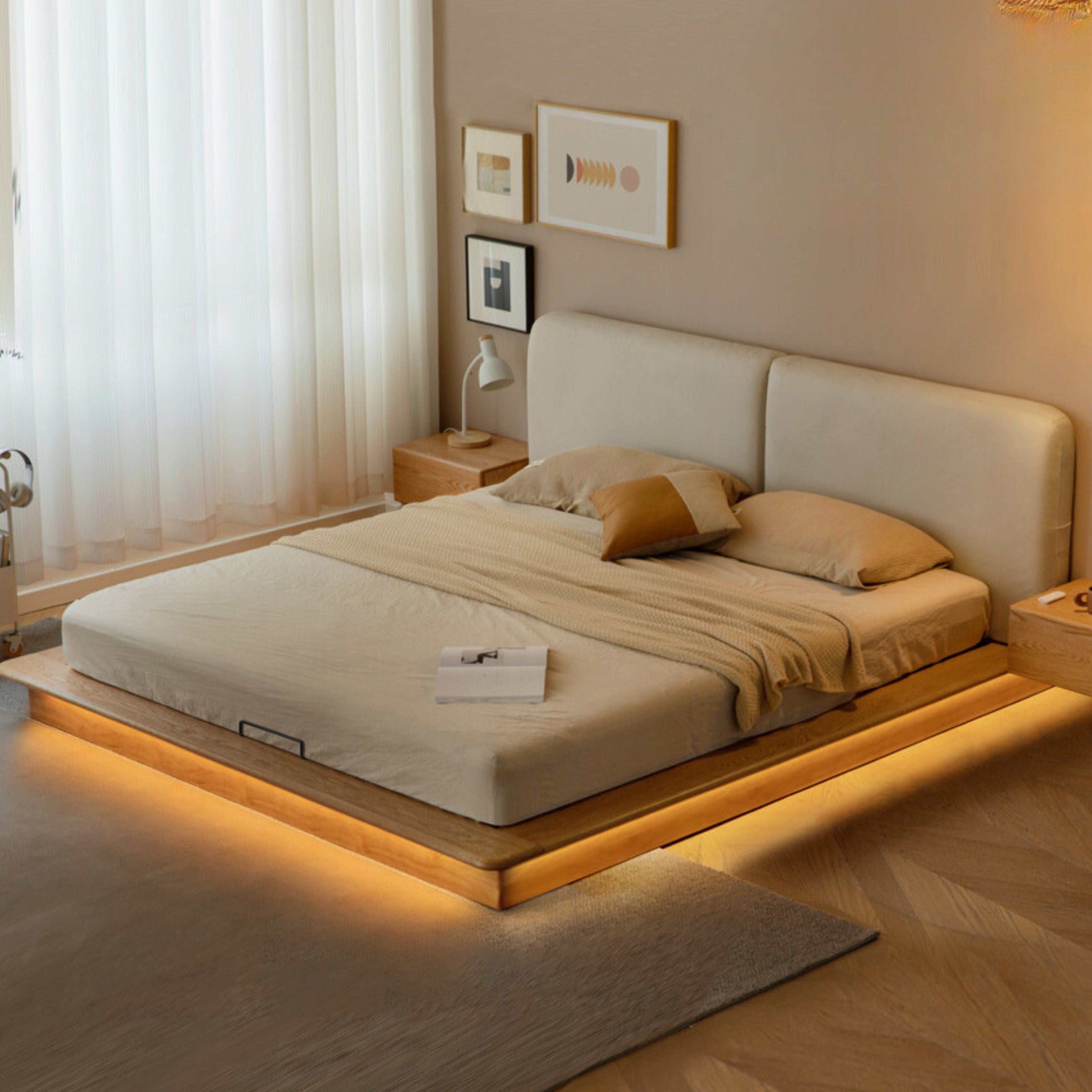 Oak solid wood Leather Technology Fabric Soft Bed floating platform bed