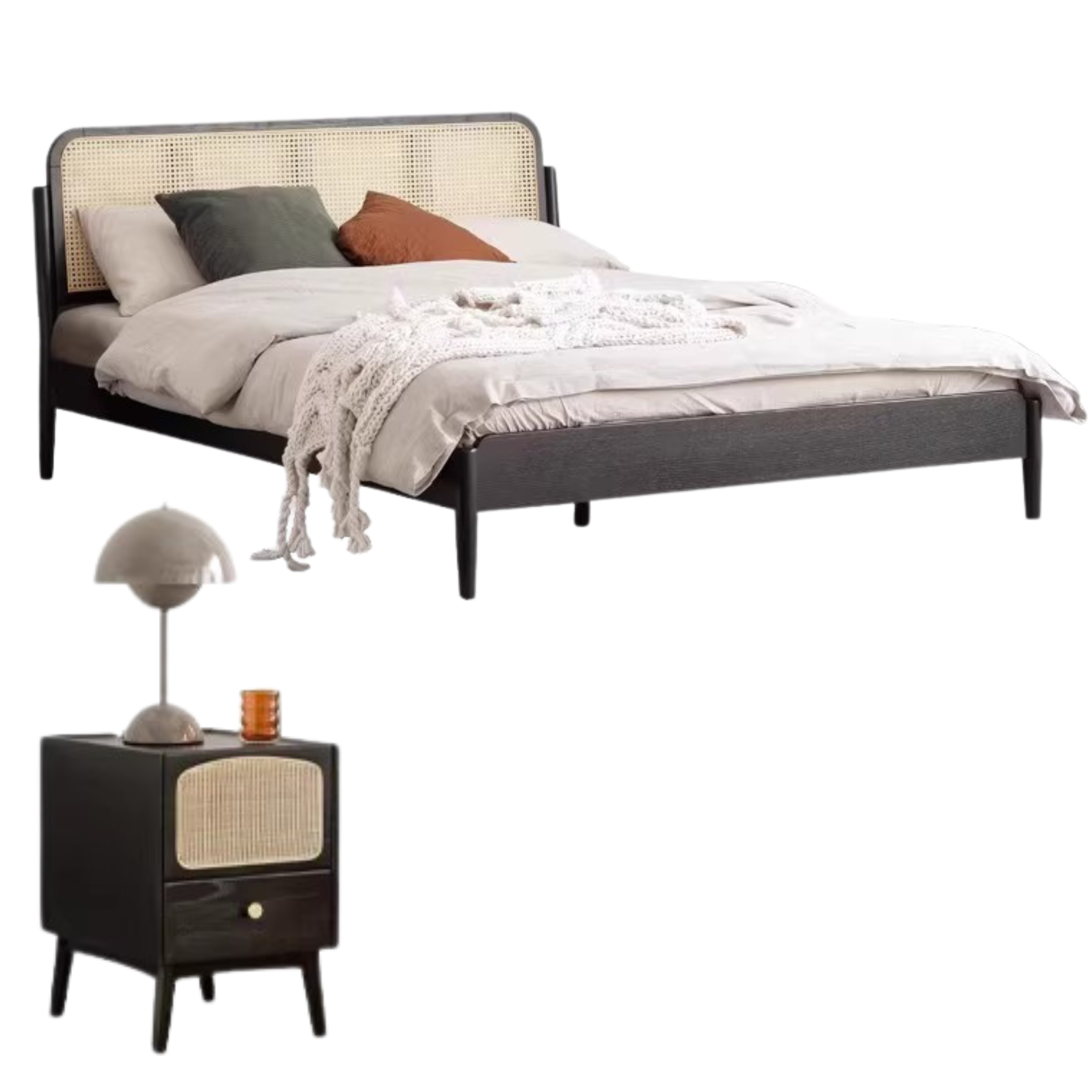 Oak Solid Wood Black Rattan bed