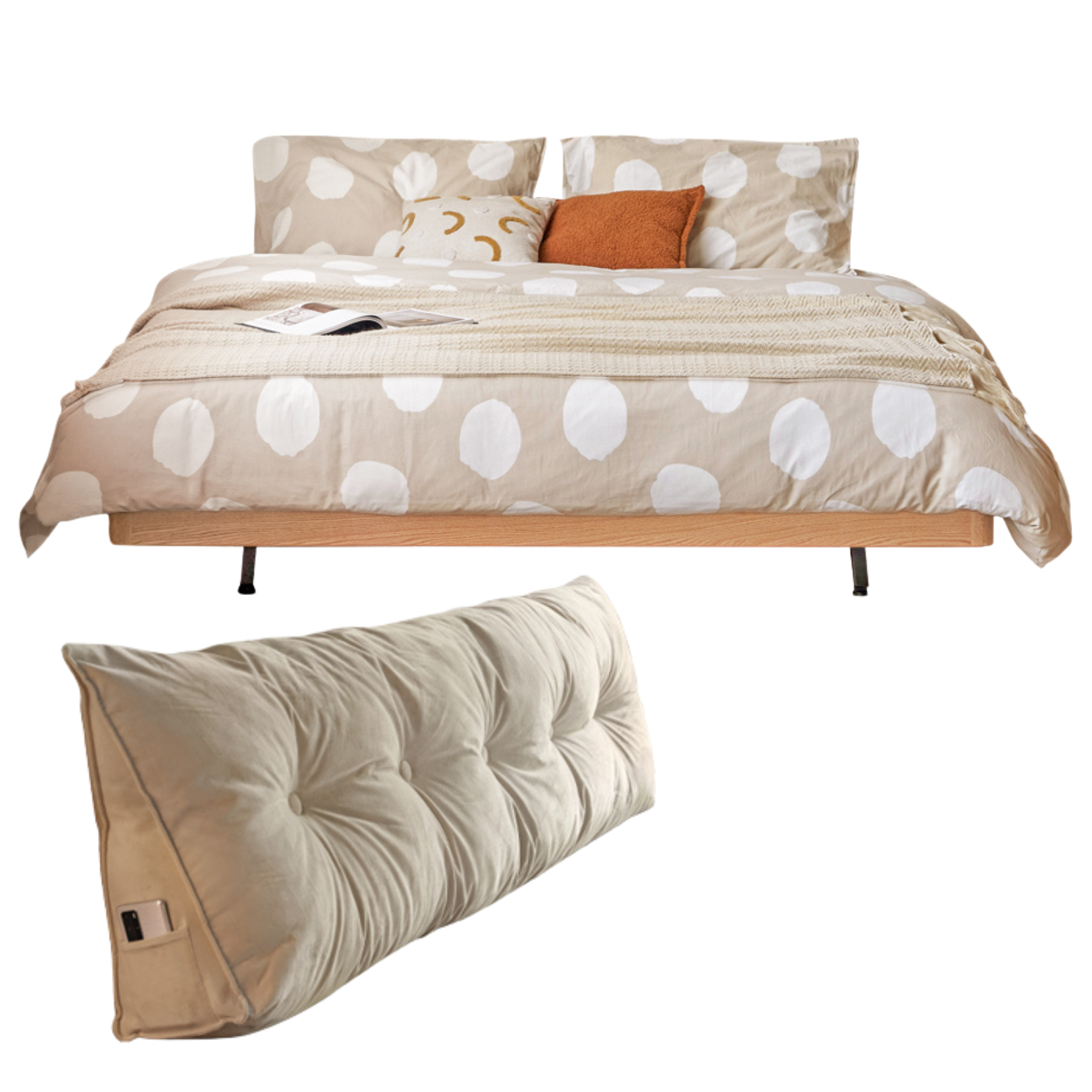Oak Solid Wood platform bed, headboard-free bed Night Light Suspended Bed